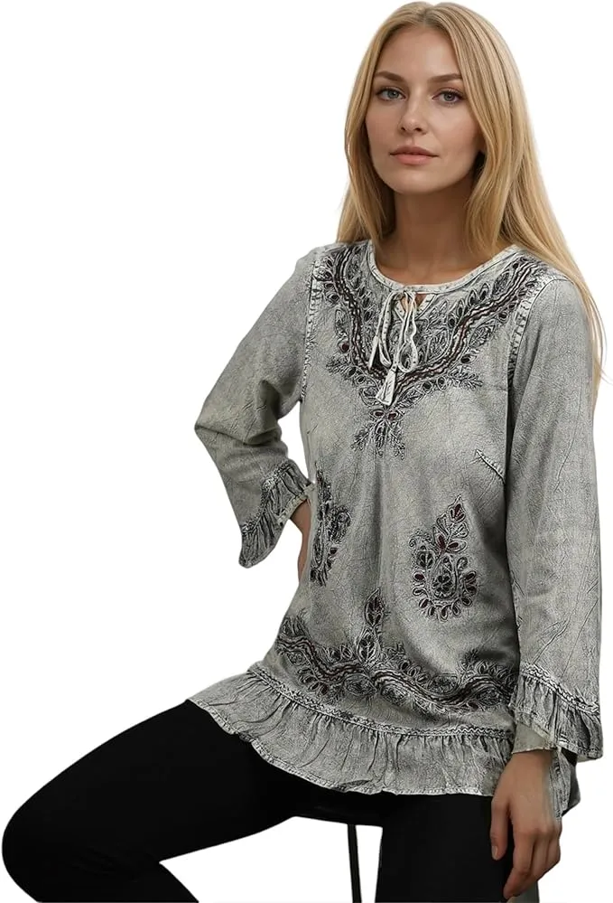 147 B Multi-colored Embroidered Ruffle Hem Tunic Kurta Blouse
