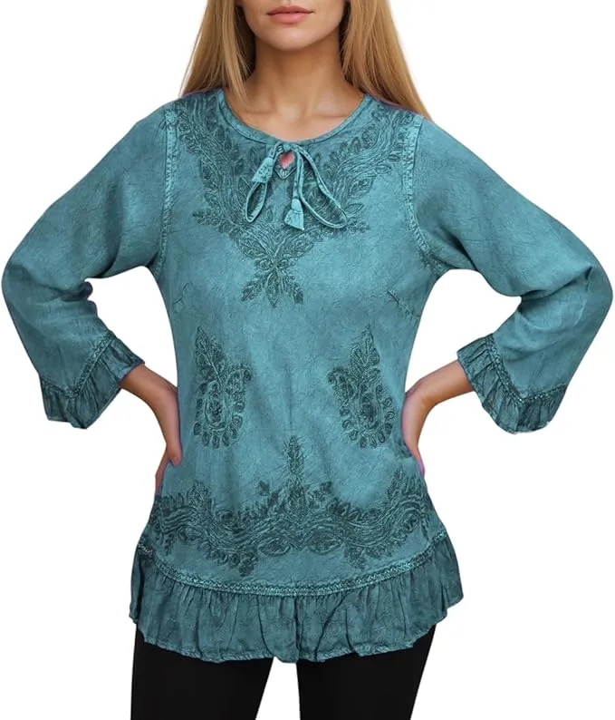 147 B Multi-colored Embroidered Ruffle Hem Tunic Kurta Blouse