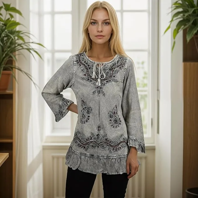 147 B Multi-colored Embroidered Ruffle Hem Tunic Kurta Blouse
