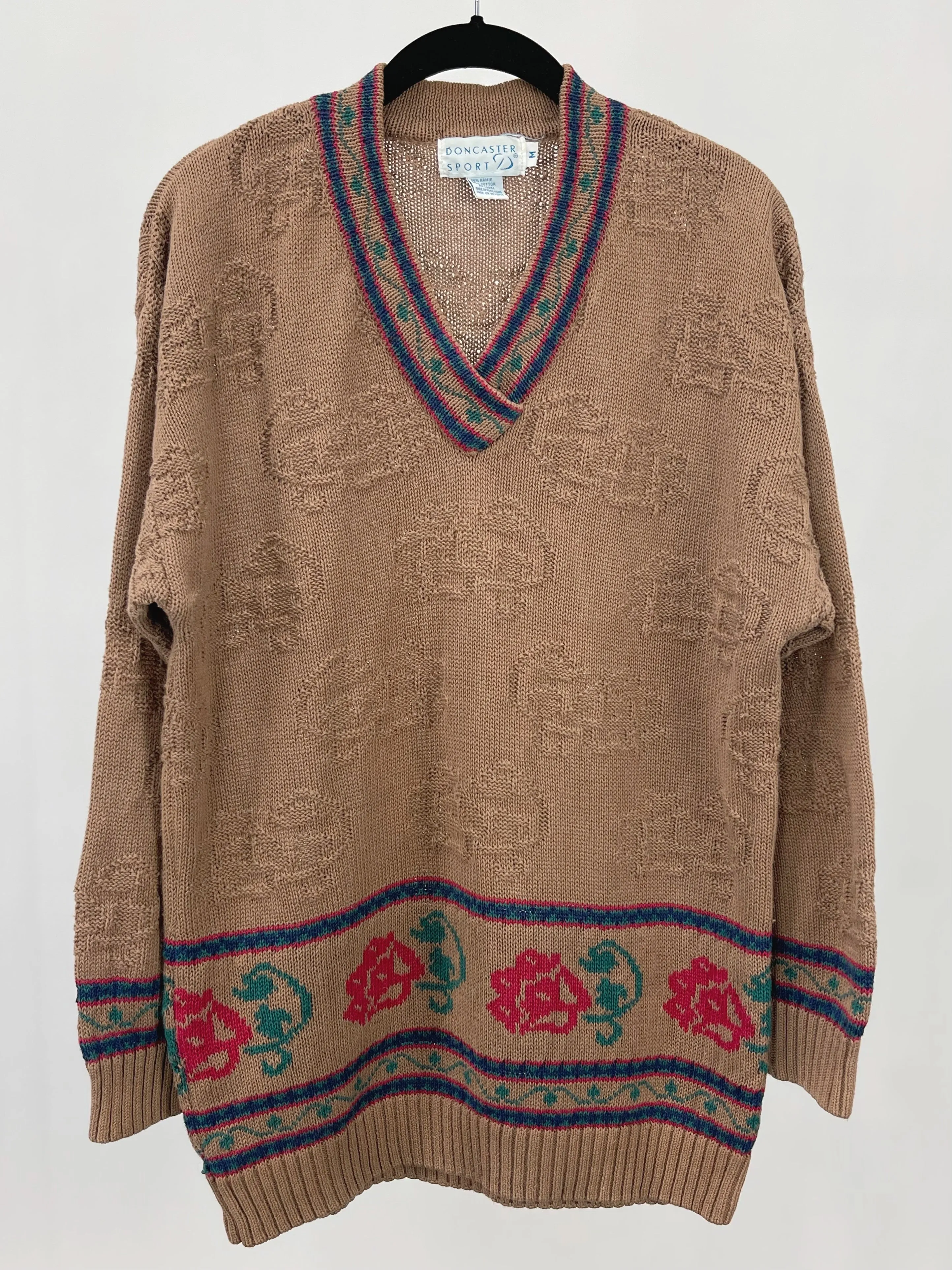 80s Vintage Doncaster Brown Patterned V-Neck Sweater (M)