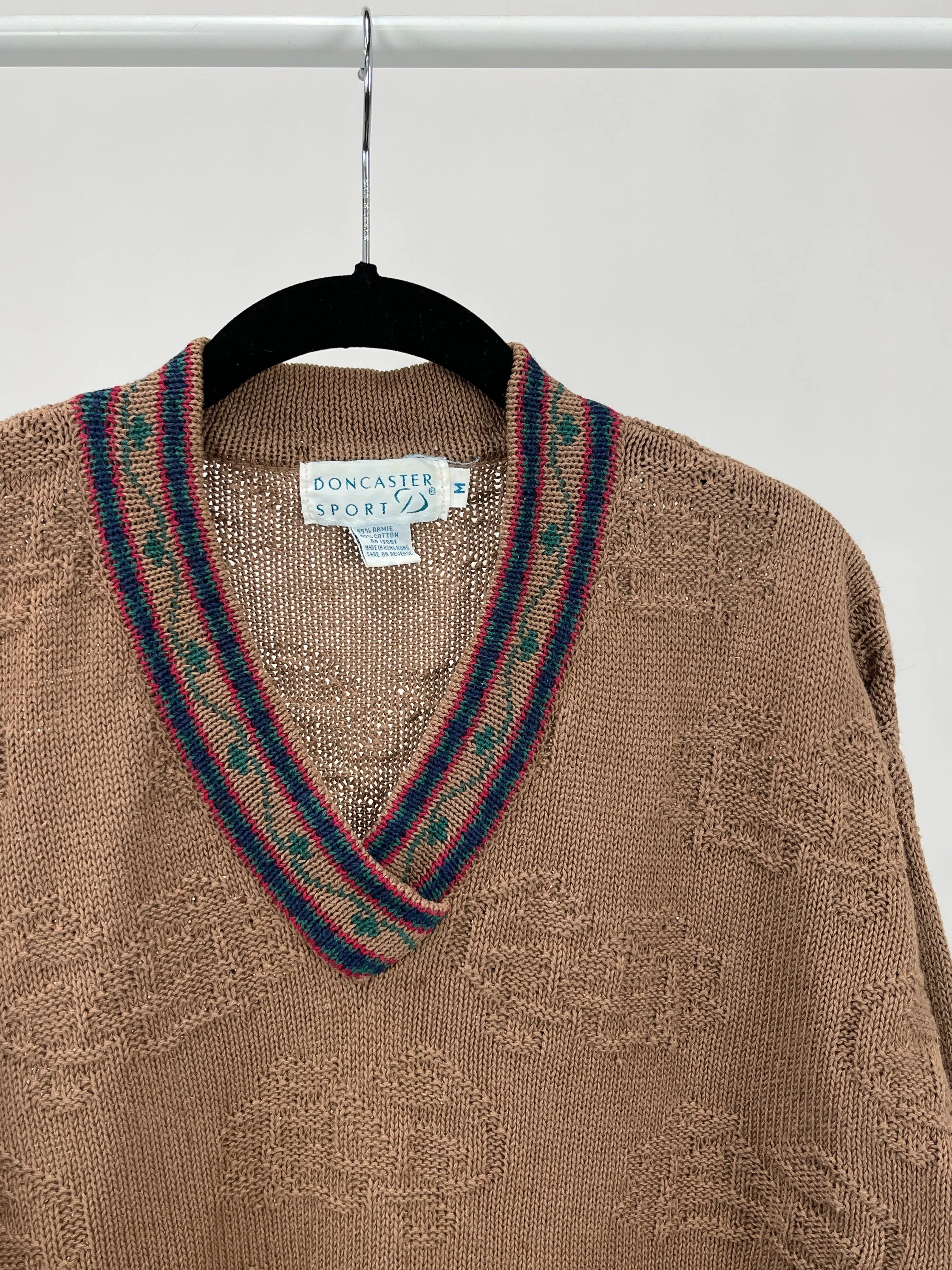 80s Vintage Doncaster Brown Patterned V-Neck Sweater (M)
