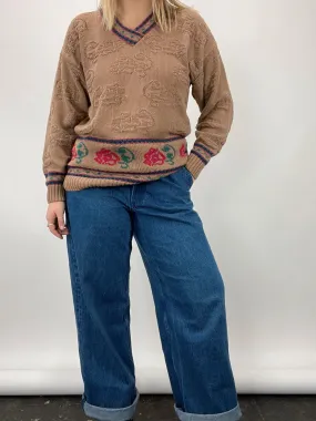 80s Vintage Doncaster Brown Patterned V-Neck Sweater (M)