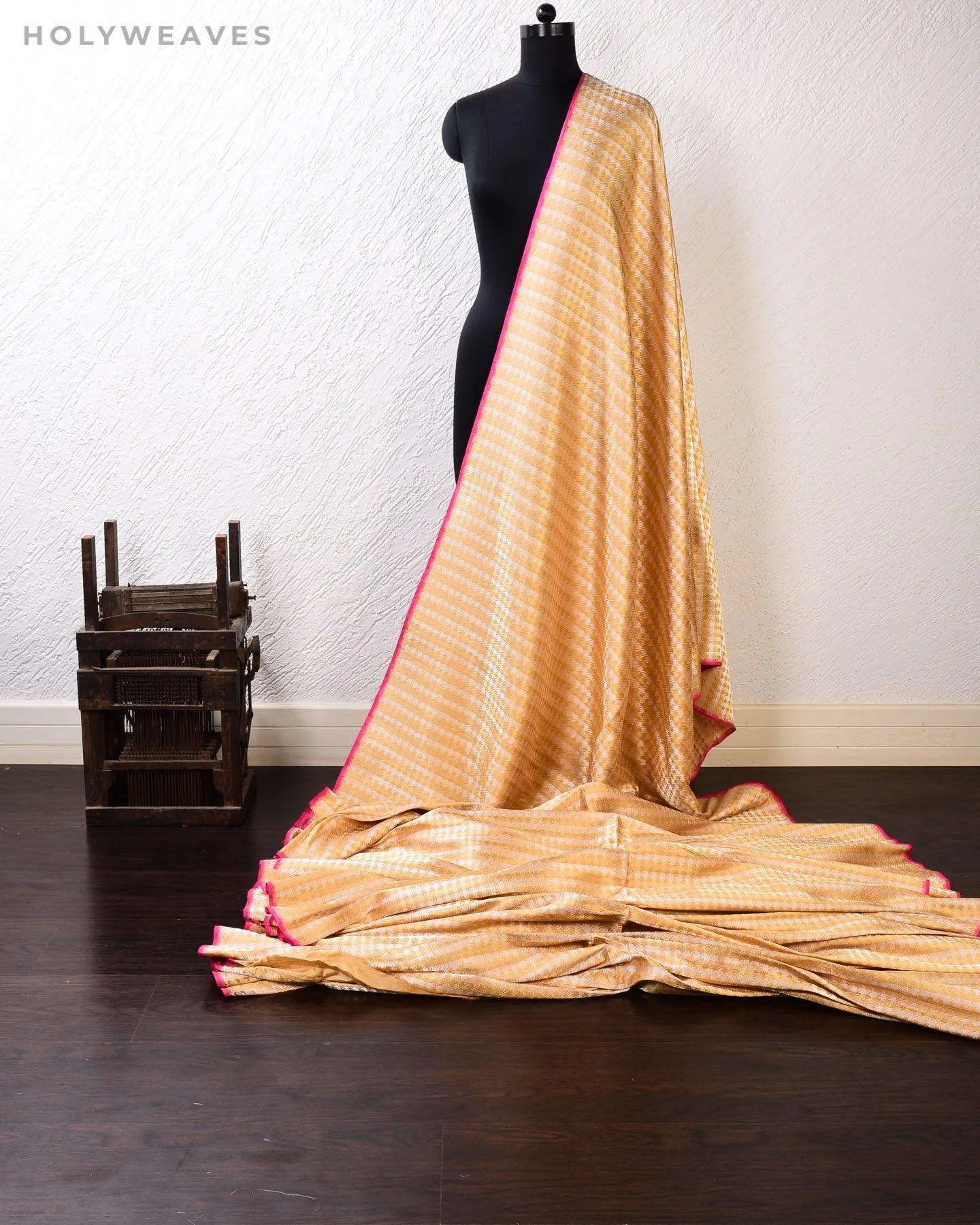 Beige Banarasi Double Zari Sona Rupa Houndstooth Brocade Handwoven Katan Silk Fabric