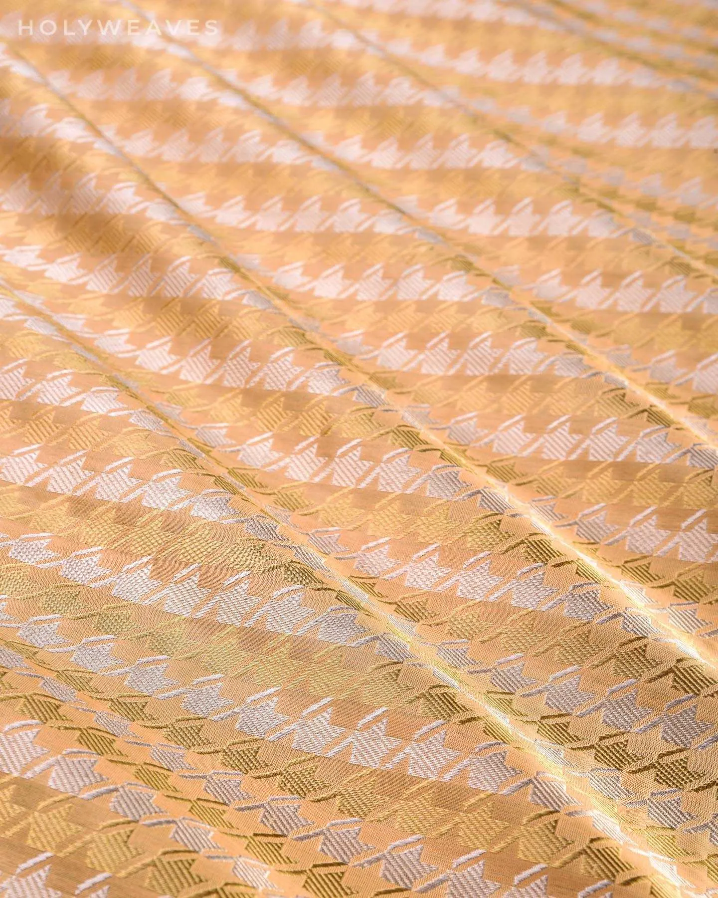 Beige Banarasi Double Zari Sona Rupa Houndstooth Brocade Handwoven Katan Silk Fabric