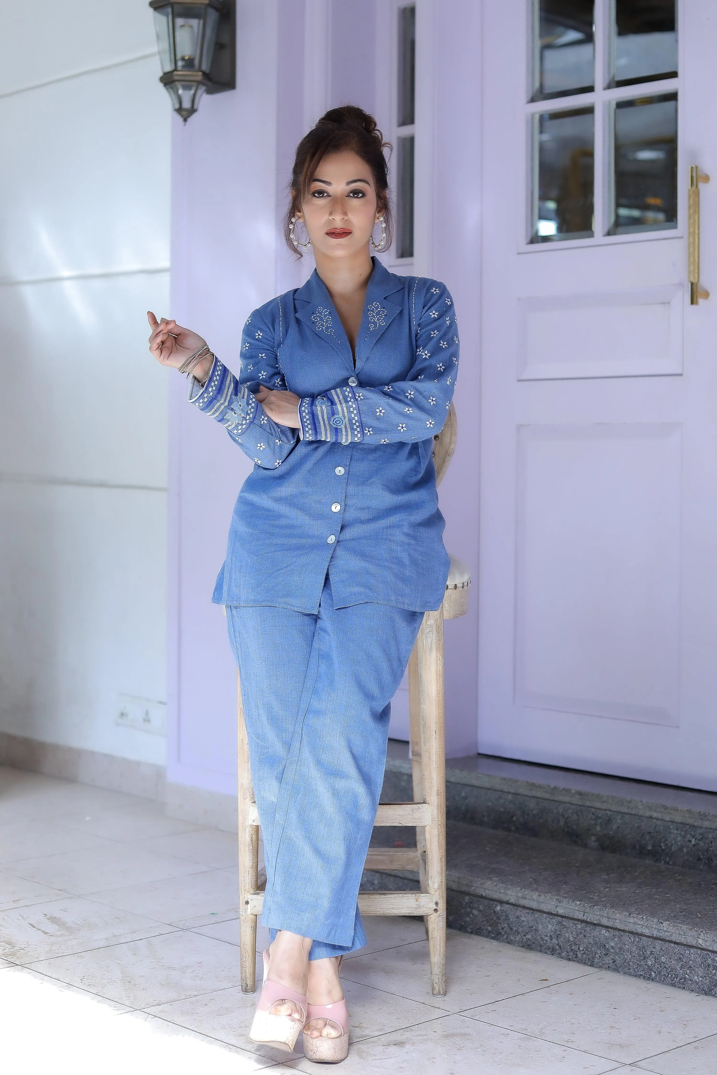 Blue Hand-Woven Cotton Printed Co-Ord Set
