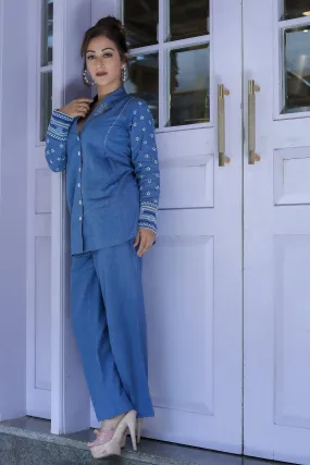 Blue Hand-Woven Cotton Printed Co-Ord Set