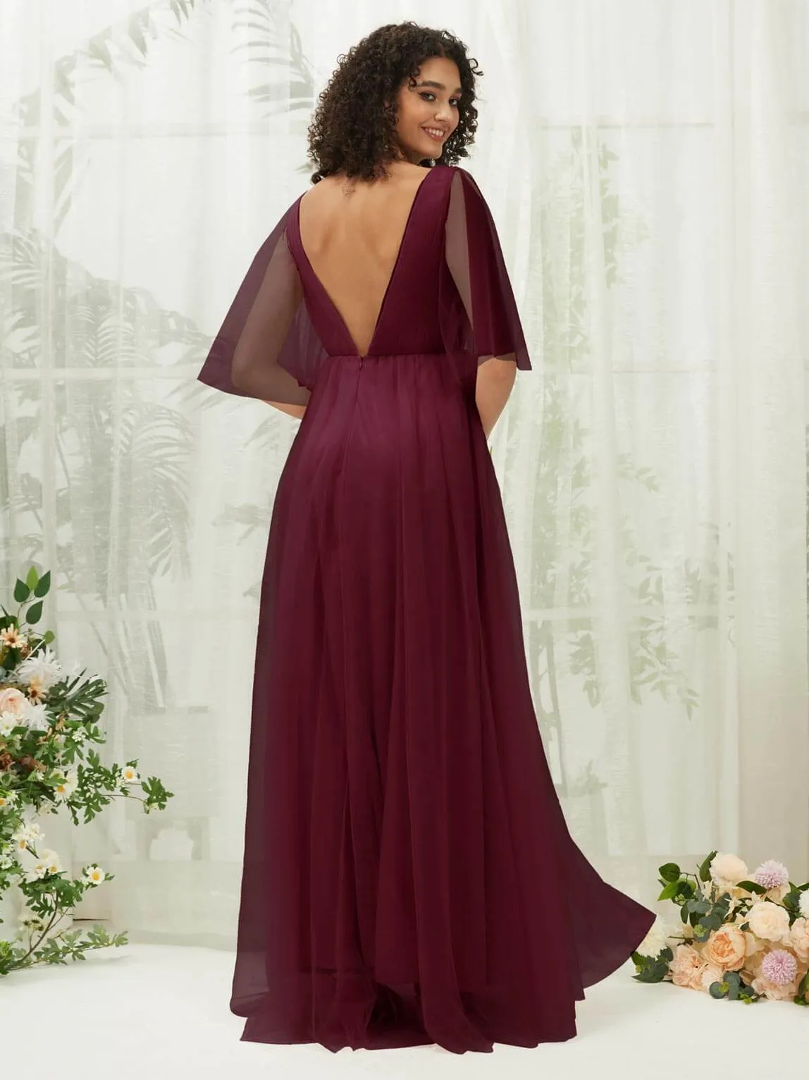 Burgundy Ruffle Sleeves Tulle Maxi Bridesmaid Dresses With Pocket