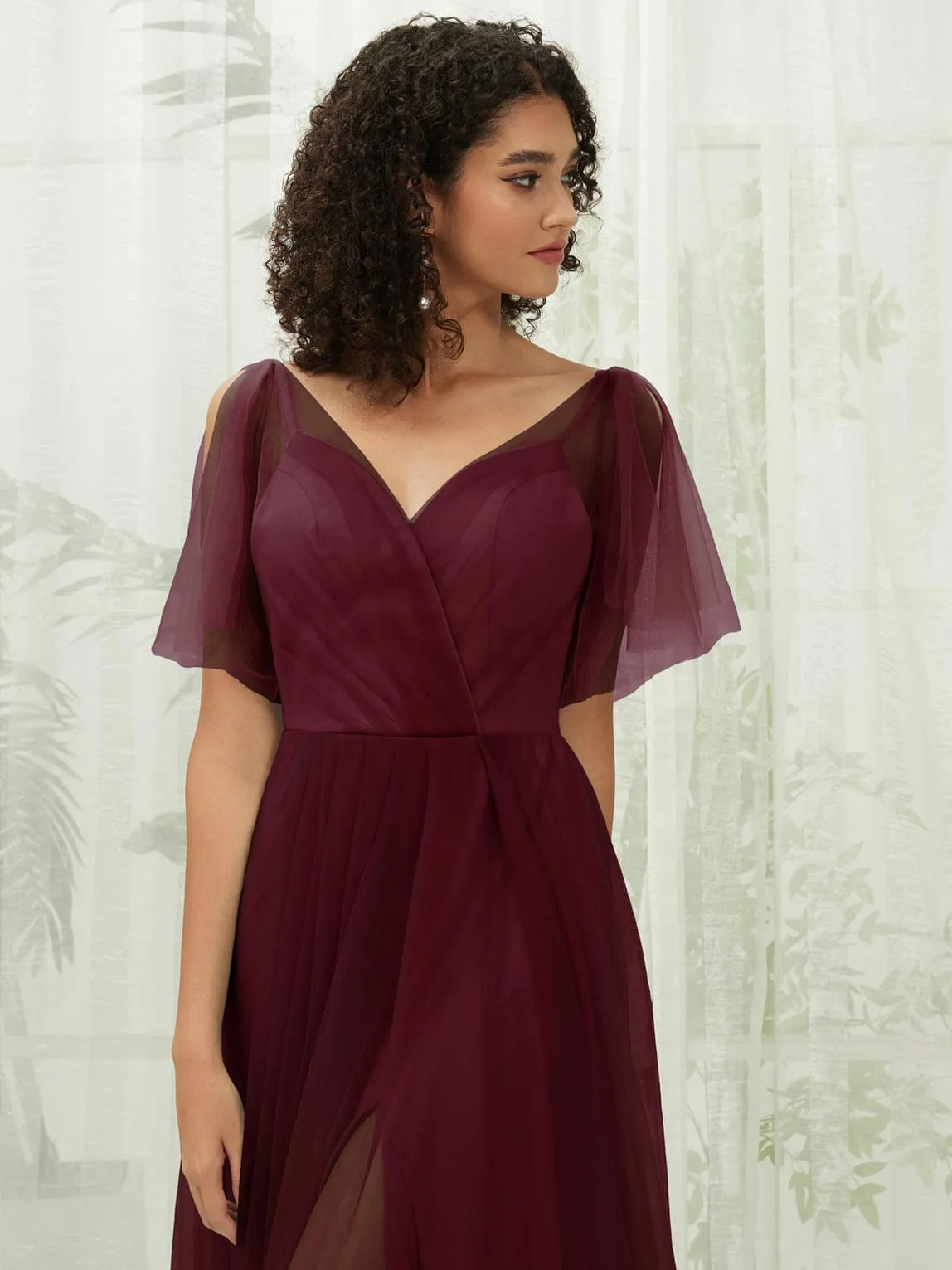 Burgundy Tulle Sweetheart Ruffle Sleeve Pocket Maxi Bridesmaid Dress