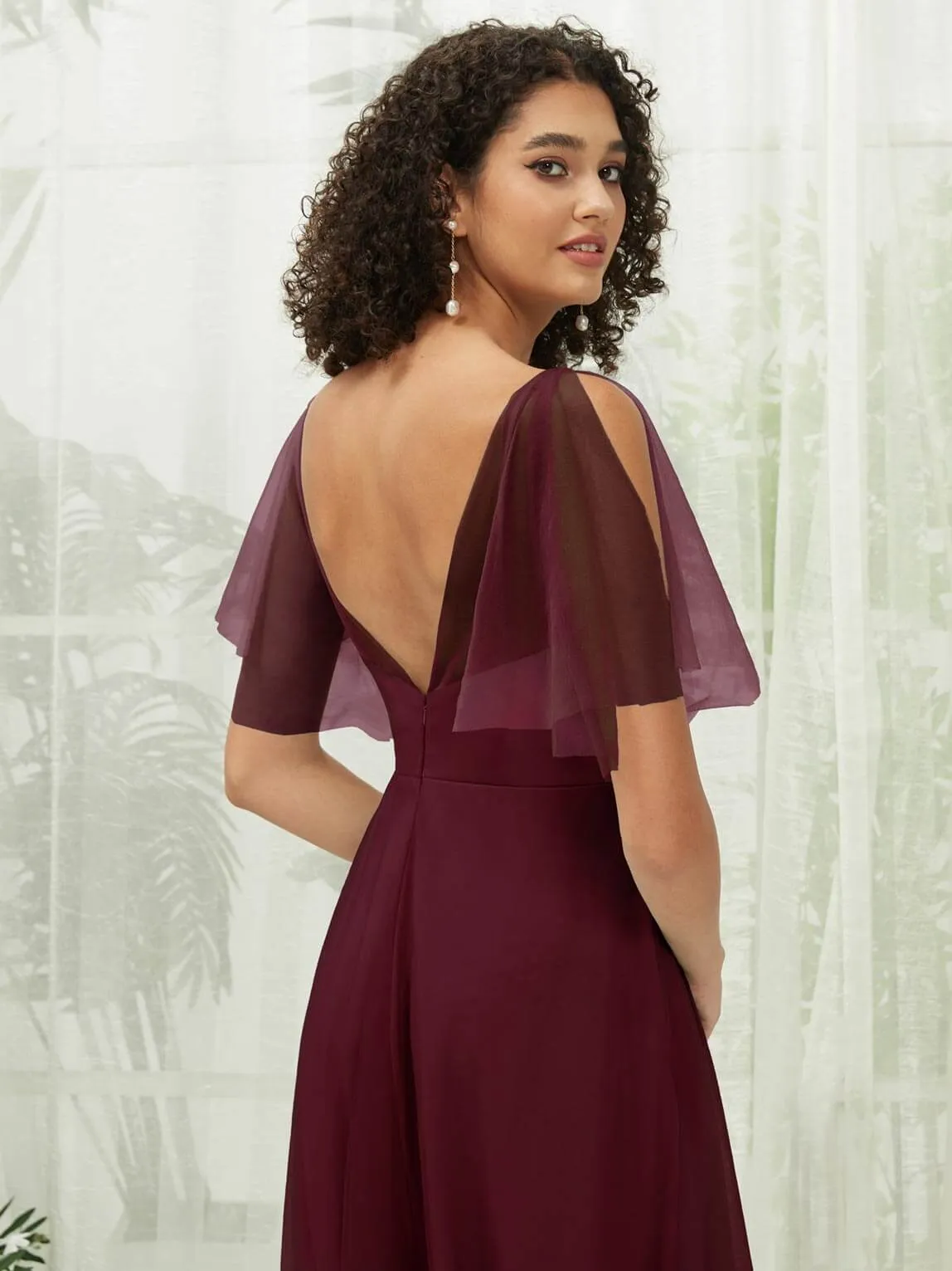 Burgundy Tulle Sweetheart Ruffle Sleeve Pocket Maxi Bridesmaid Dress