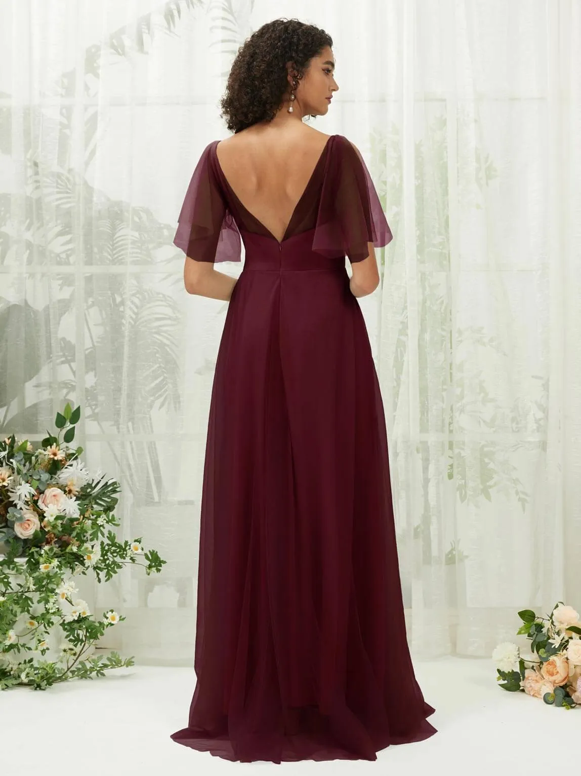 Burgundy Tulle Sweetheart Ruffle Sleeve Pocket Maxi Bridesmaid Dress