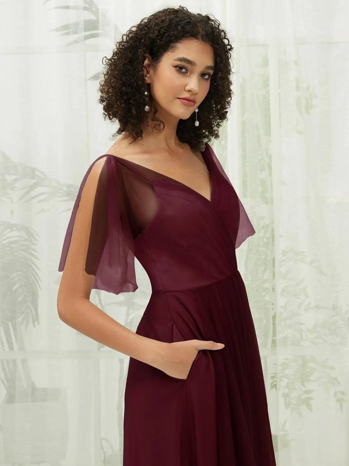 Burgundy Tulle Sweetheart Ruffle Sleeve Pocket Maxi Bridesmaid Dress