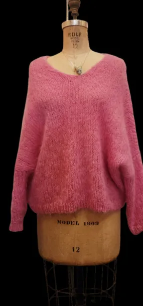 Hand knit batwing sweater (Alpaca) - Candy pink