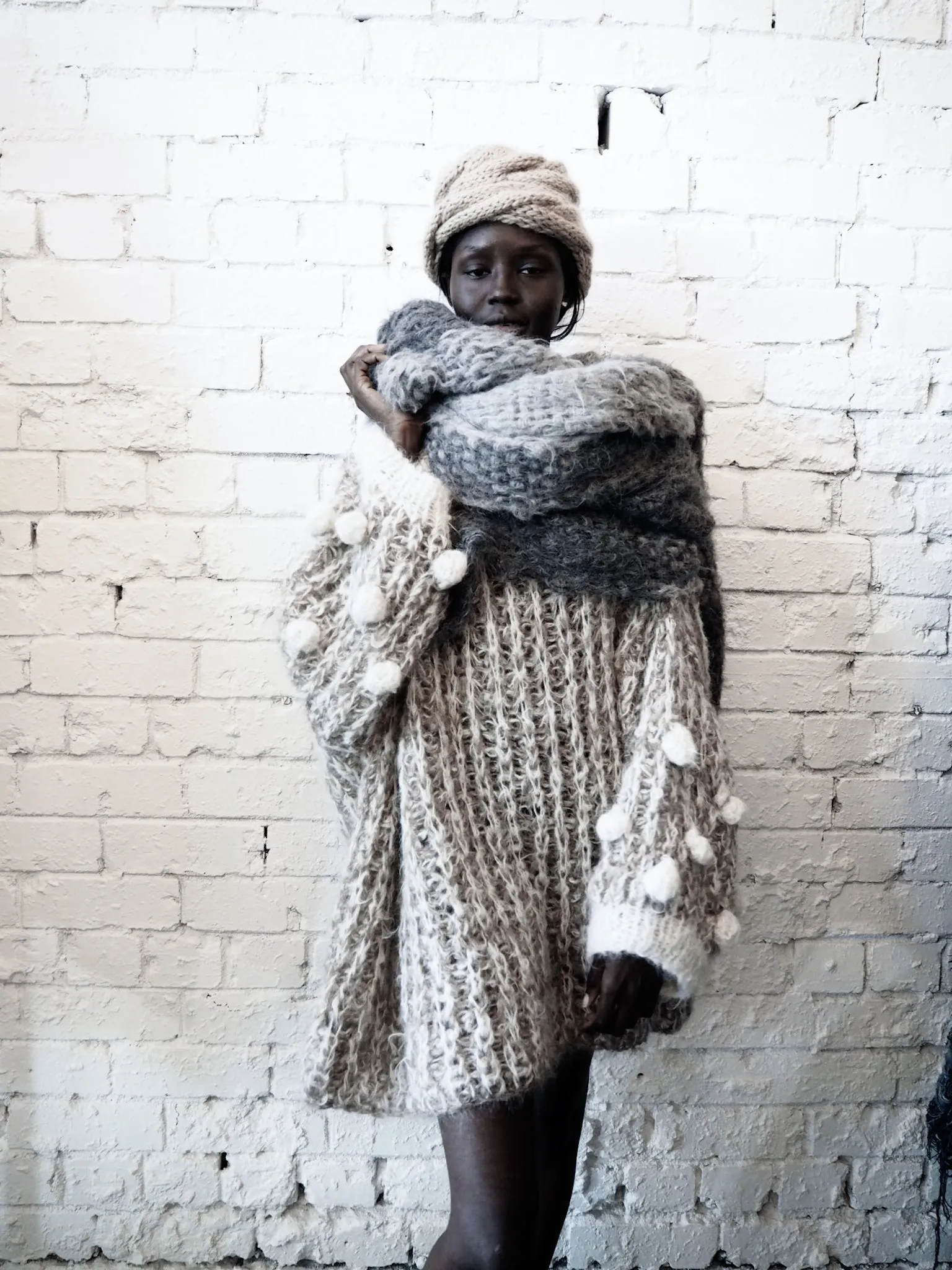 Hand knit cable beanie style Hat - (Alpaca) Charcoal