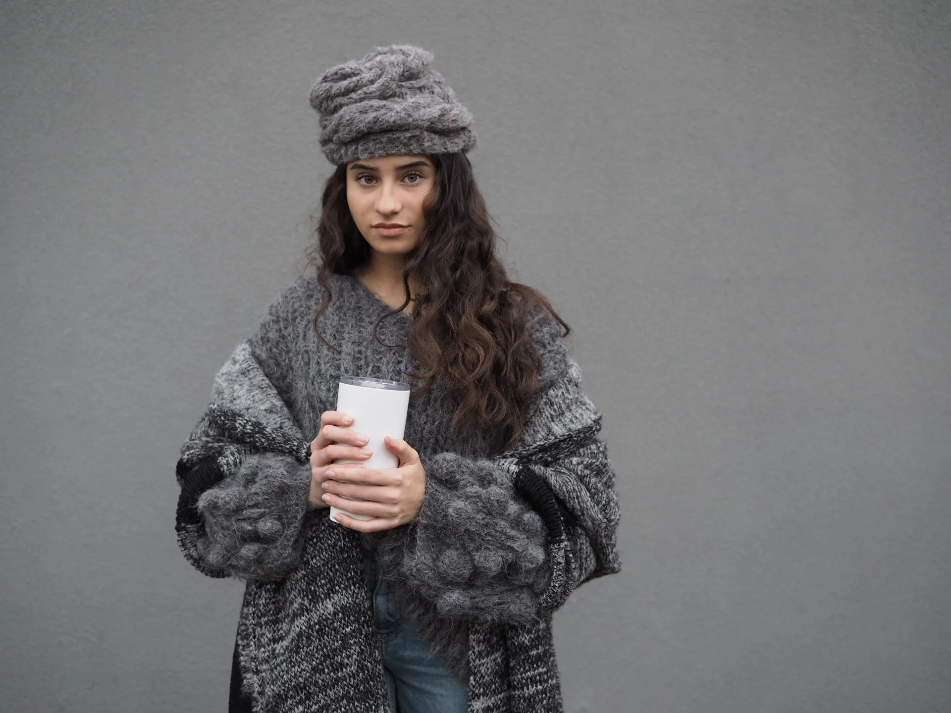 Hand knit cable beanie style Hat - (Alpaca) Charcoal