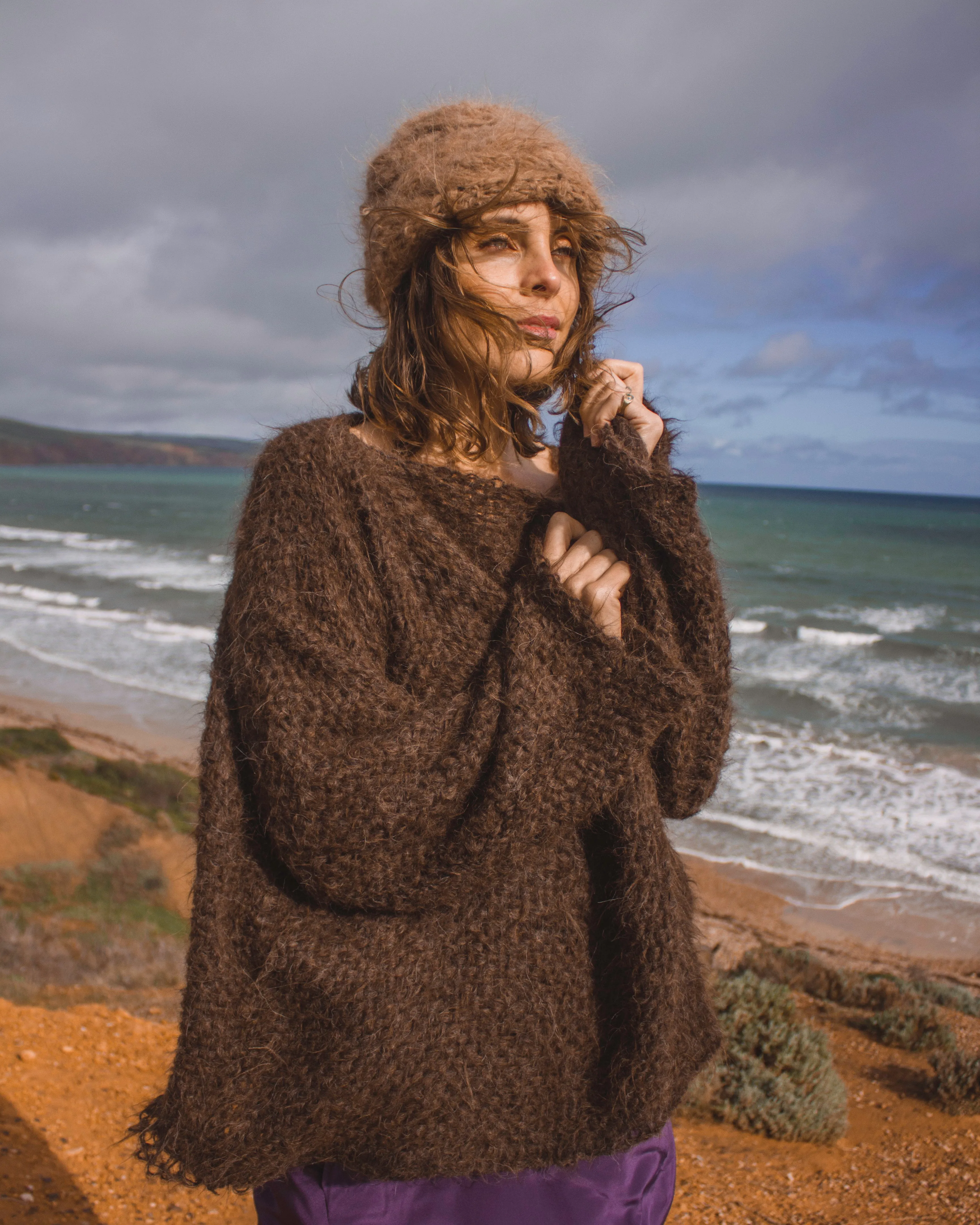 Hand knit cable beanie style Hat - (Alpaca) Charcoal