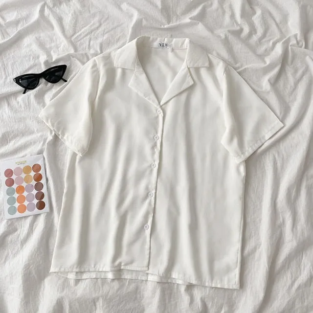 hulianfu  Casual Basic Short Sleeve Blouse Women V-neck Loose Office Formal Shirt Female Fashion Blue Yellow Cardigan Tops