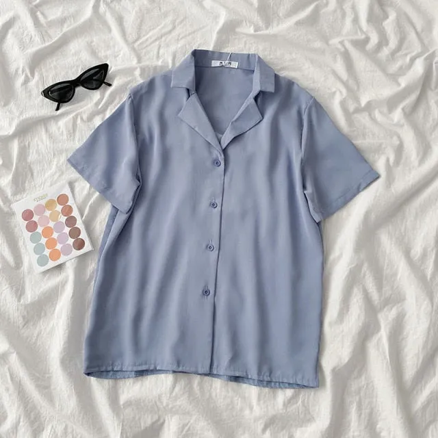 hulianfu  Casual Basic Short Sleeve Blouse Women V-neck Loose Office Formal Shirt Female Fashion Blue Yellow Cardigan Tops