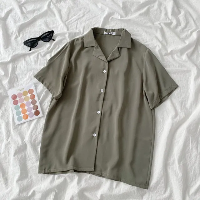 hulianfu  Casual Basic Short Sleeve Blouse Women V-neck Loose Office Formal Shirt Female Fashion Blue Yellow Cardigan Tops
