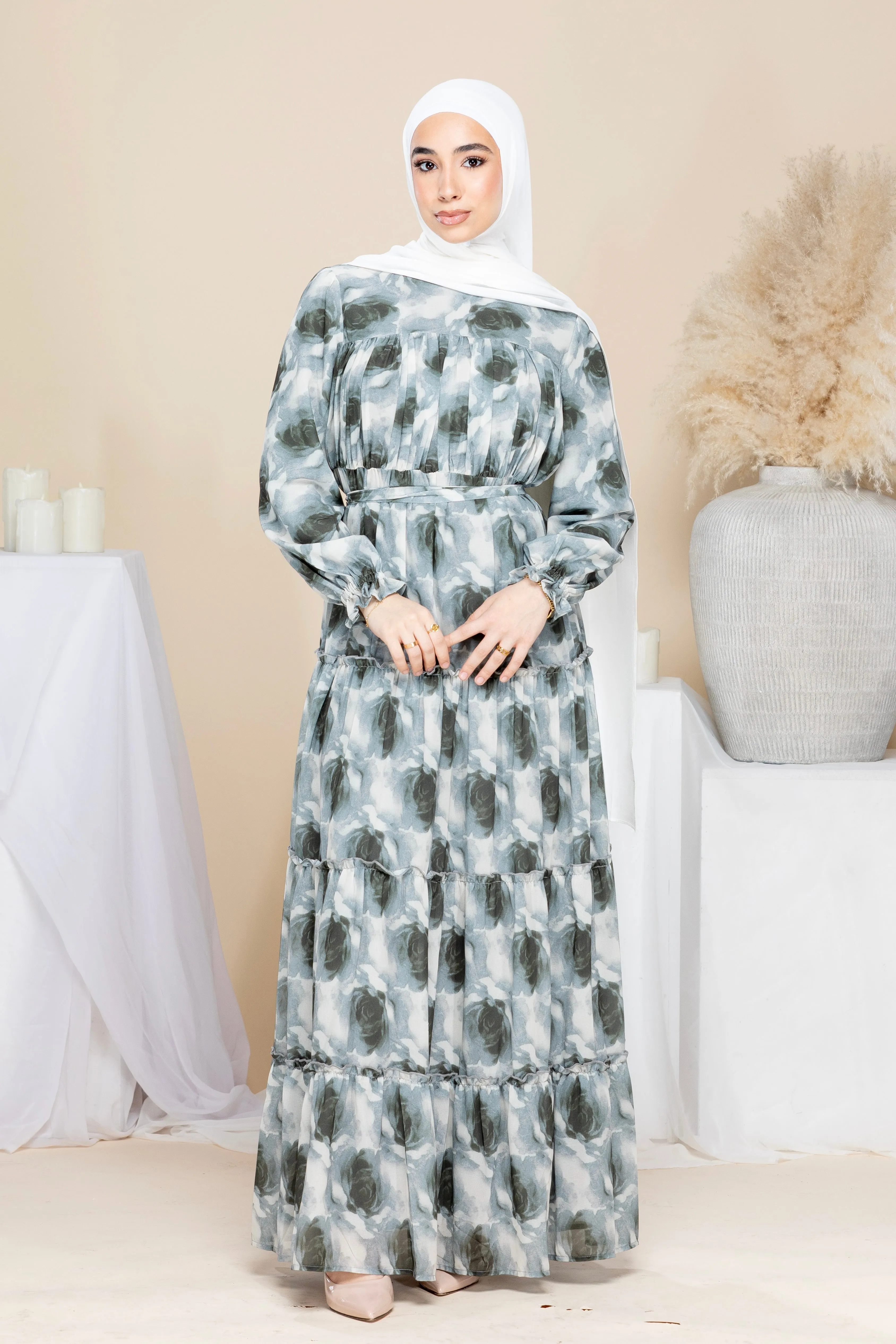 Husna Chiffon Floral Maxi Dress - Stone
