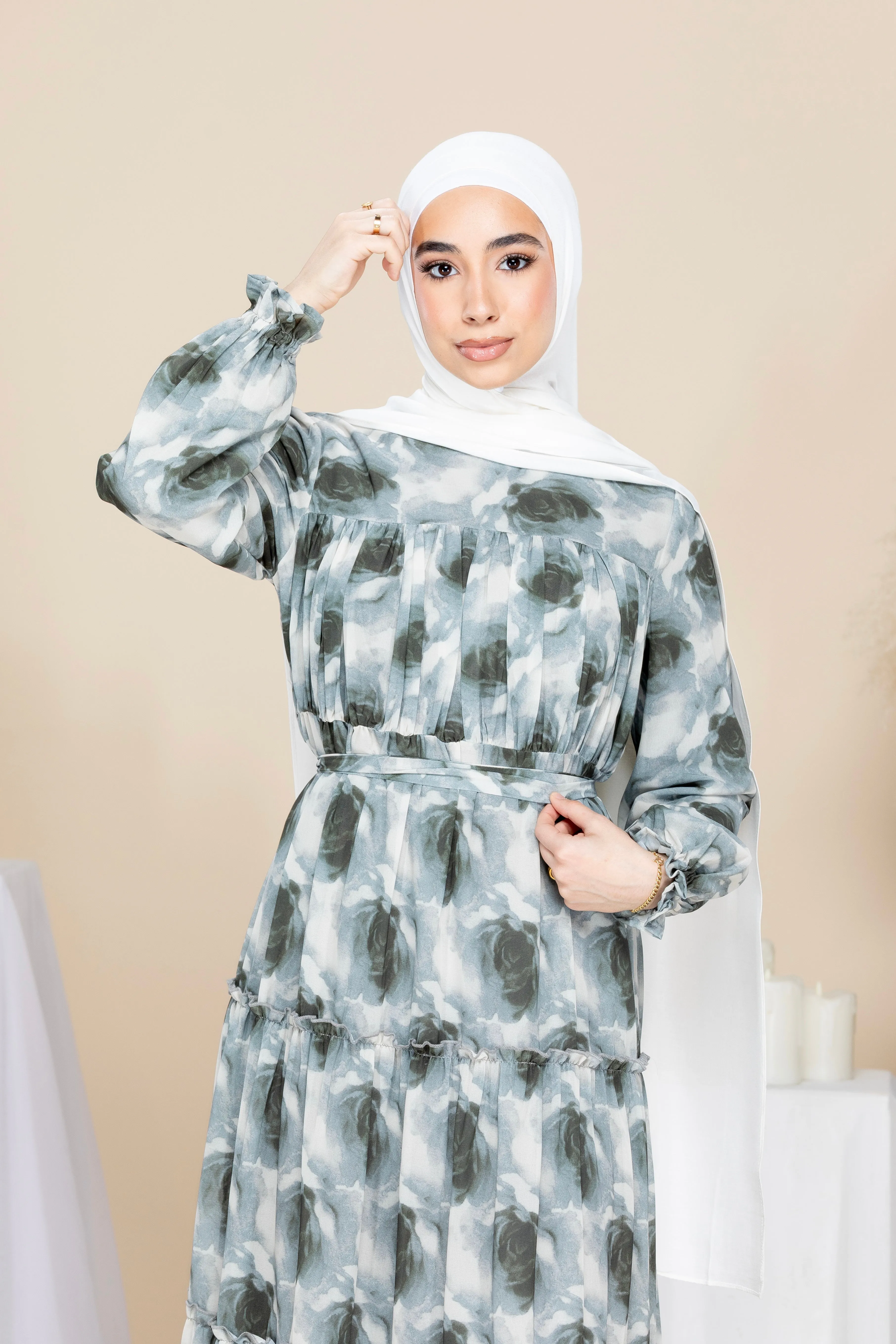Husna Chiffon Floral Maxi Dress - Stone