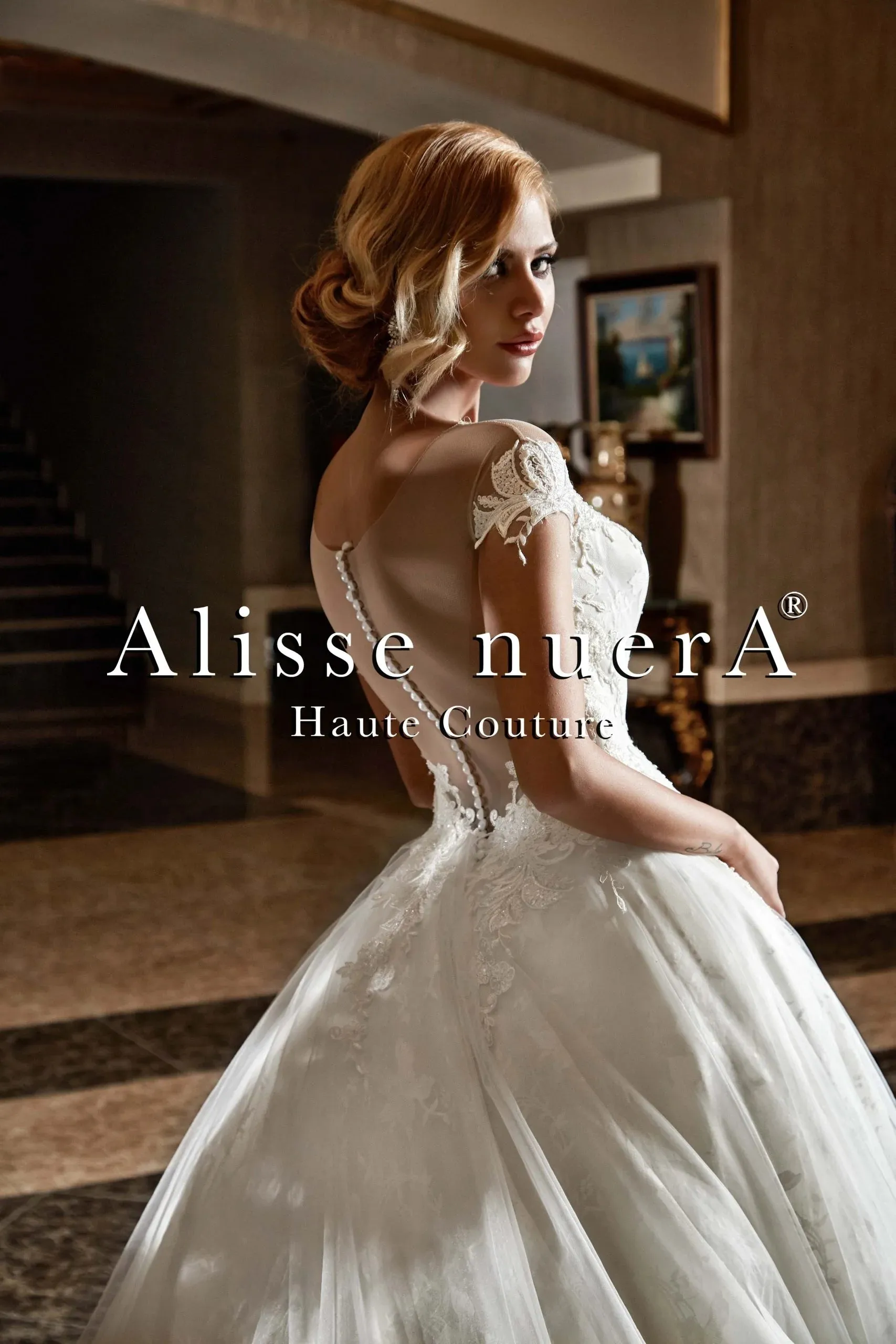 Illusion Pearl Buttoned Back Cap Sleeve Bridal Dress with Long Train