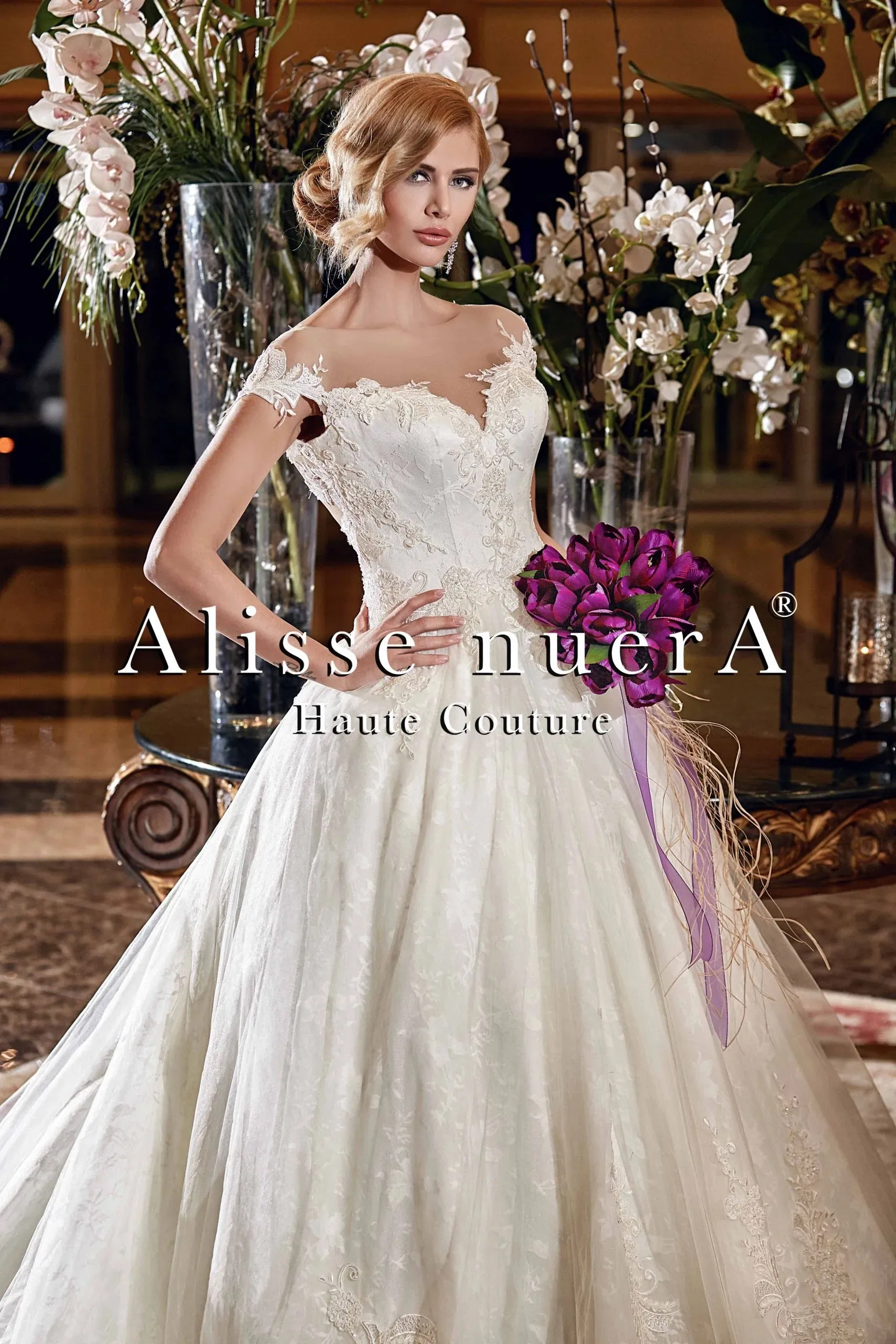 Illusion Pearl Buttoned Back Cap Sleeve Bridal Dress with Long Train