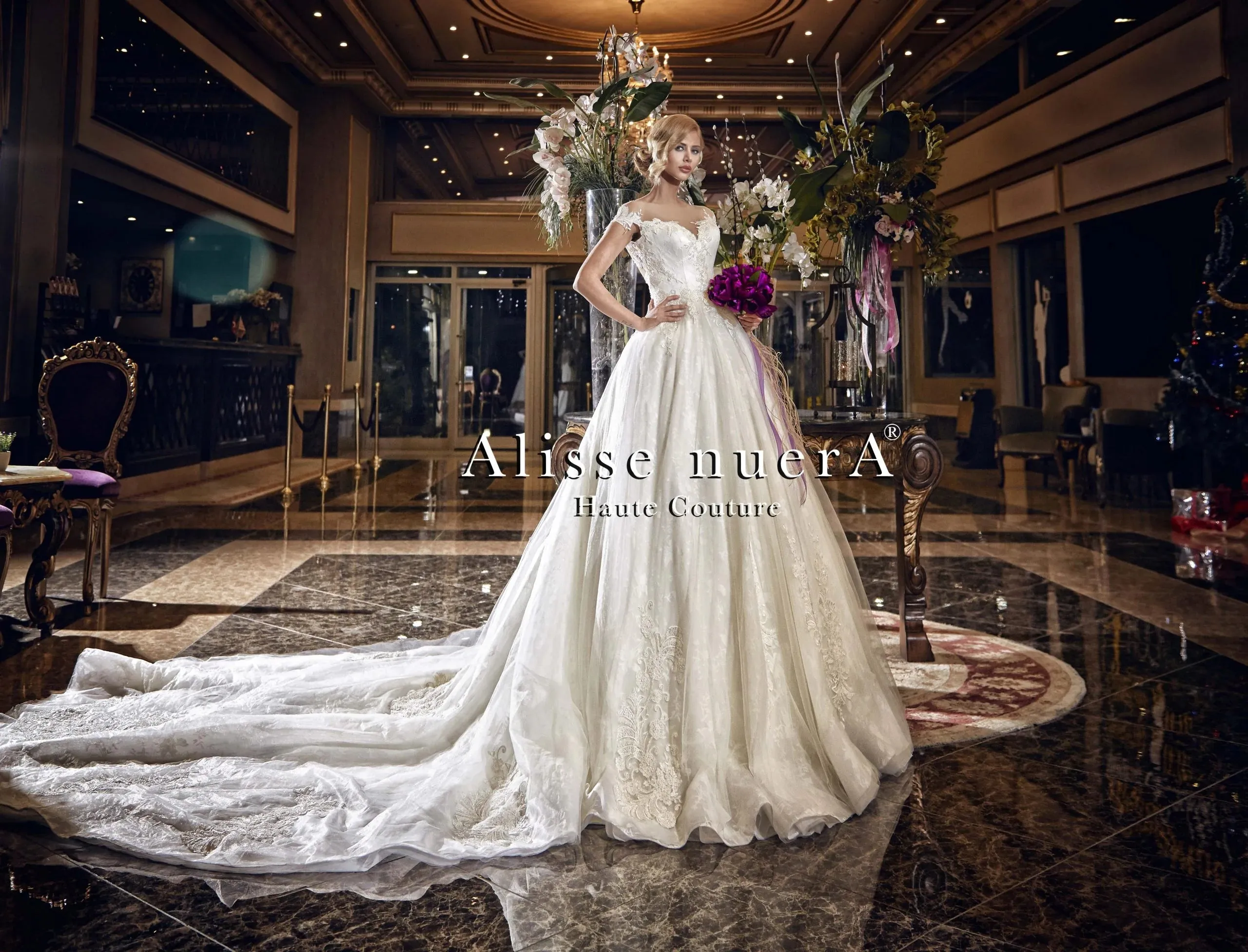 Illusion Pearl Buttoned Back Cap Sleeve Bridal Dress with Long Train