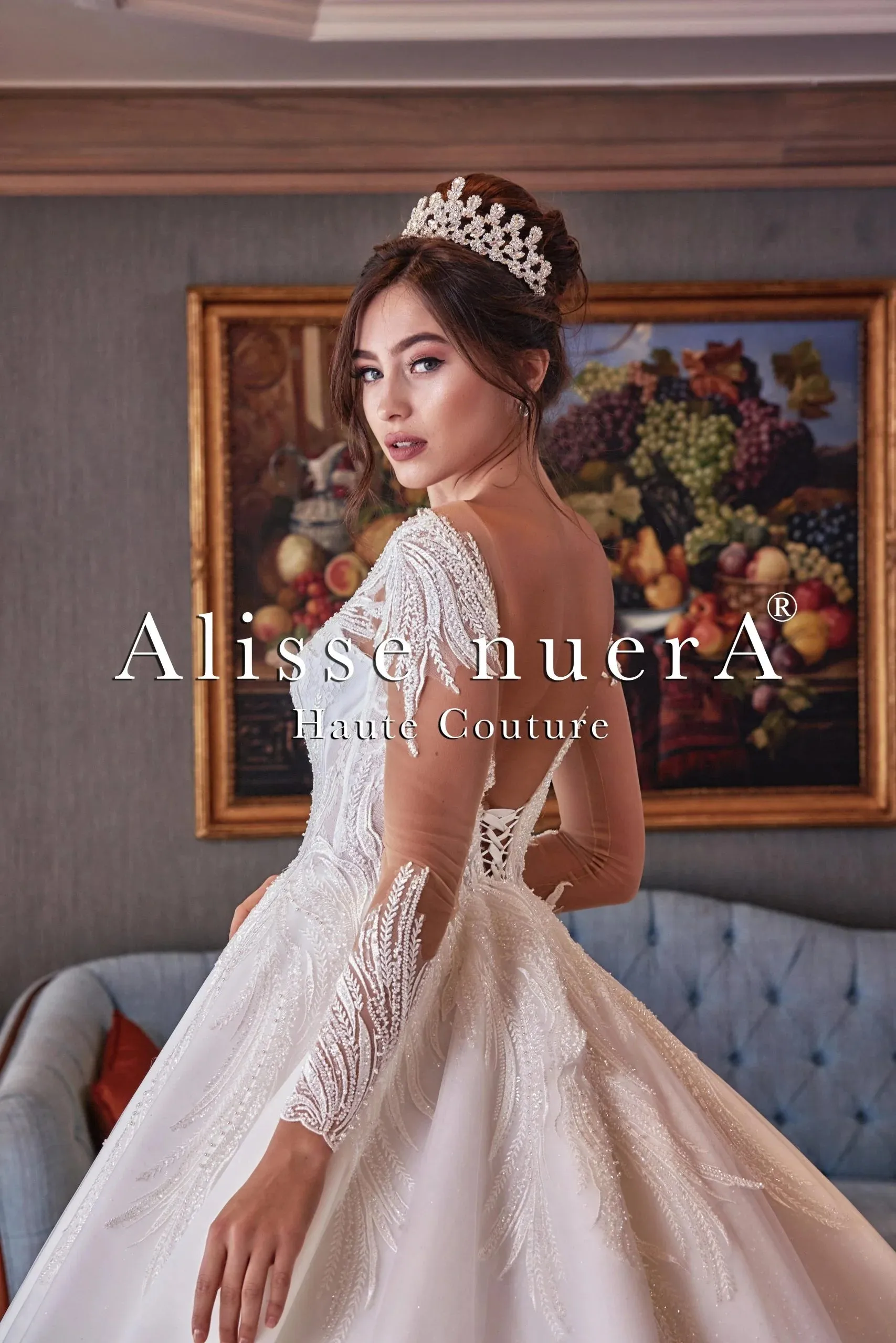 Illusion Sleeve Leaf Design Sparkly Wedding Ball Gown with Decollete Back