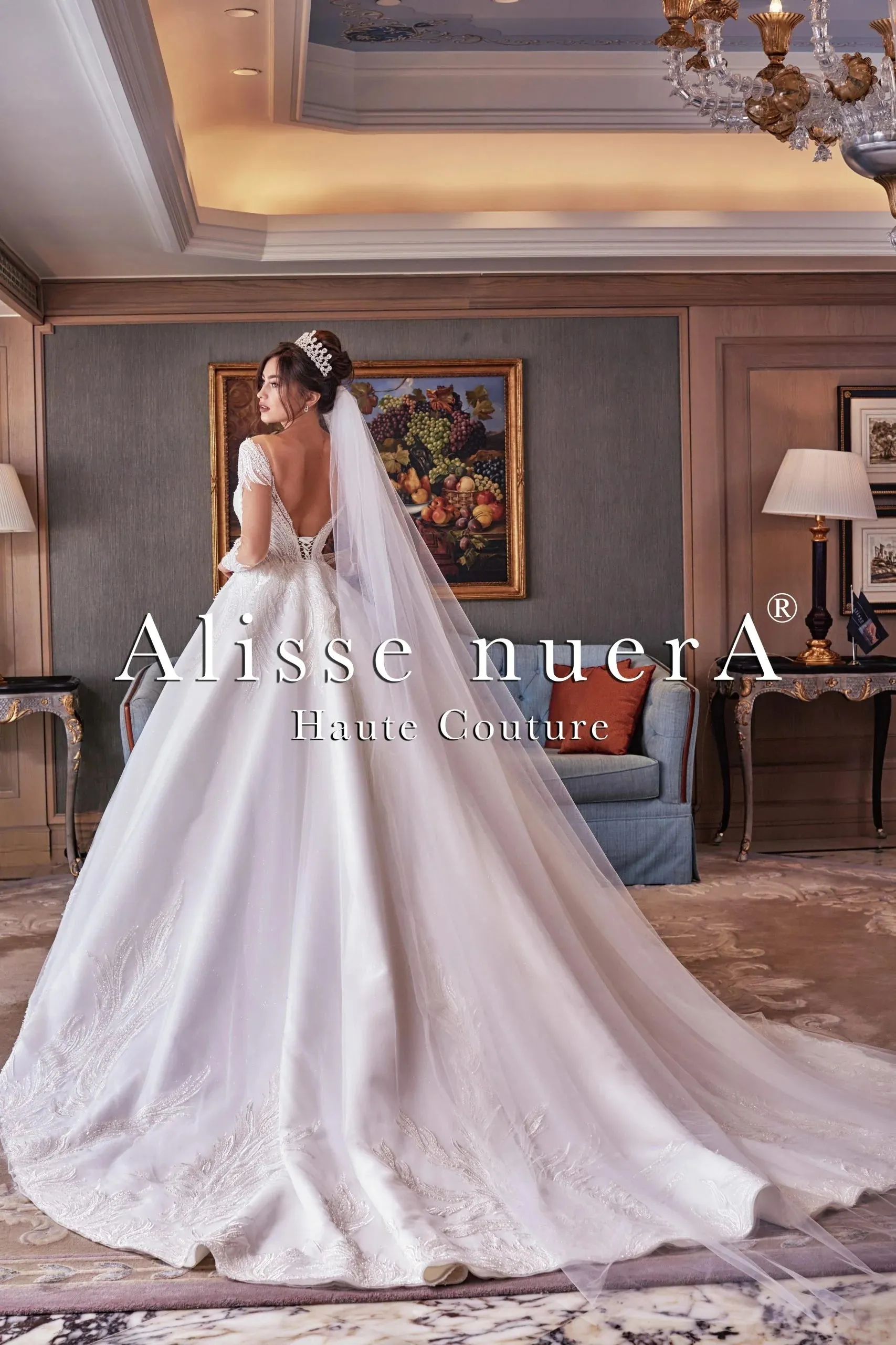Illusion Sleeve Leaf Design Sparkly Wedding Ball Gown with Decollete Back