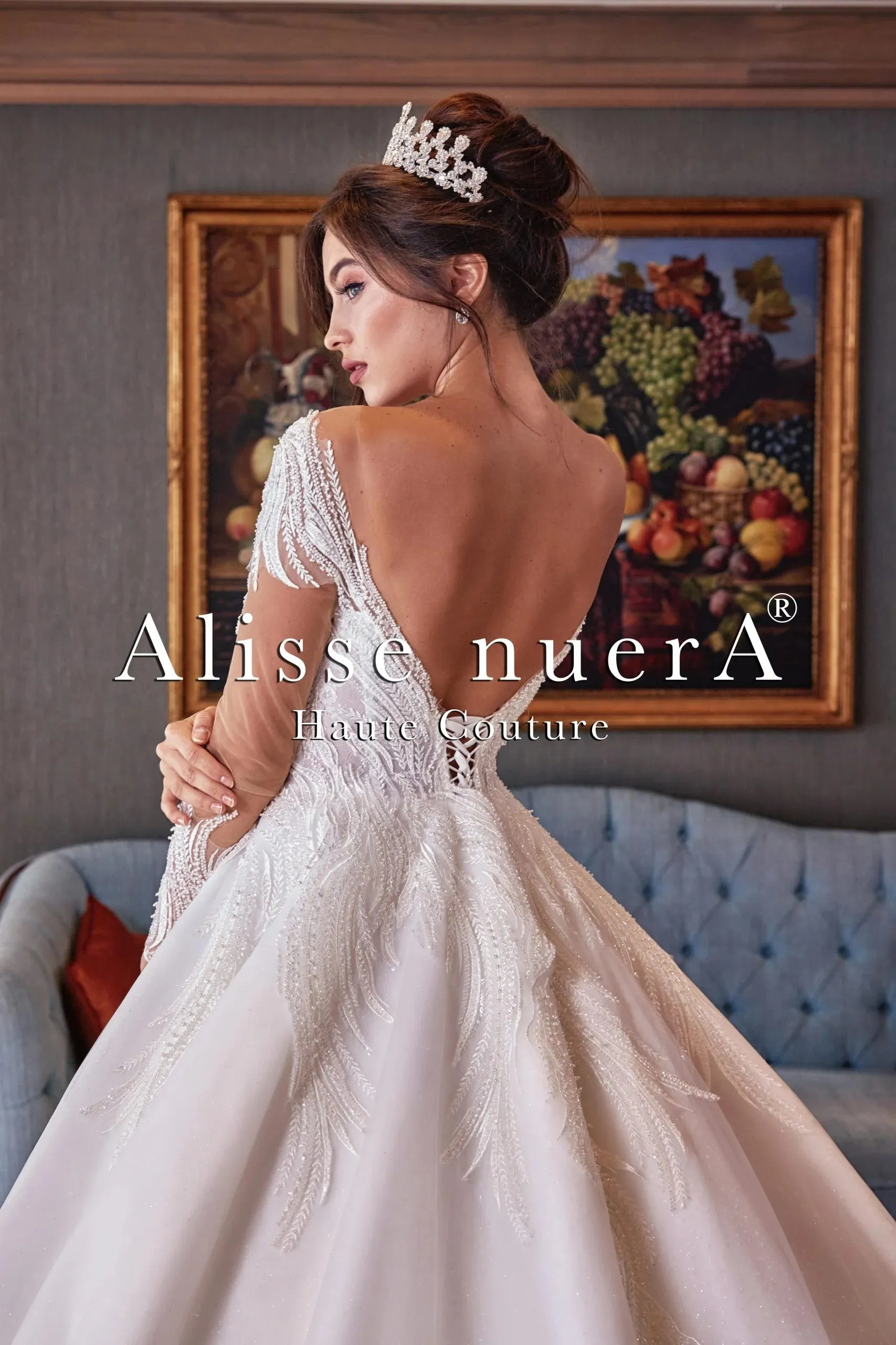 Illusion Sleeve Leaf Design Sparkly Wedding Ball Gown with Decollete Back
