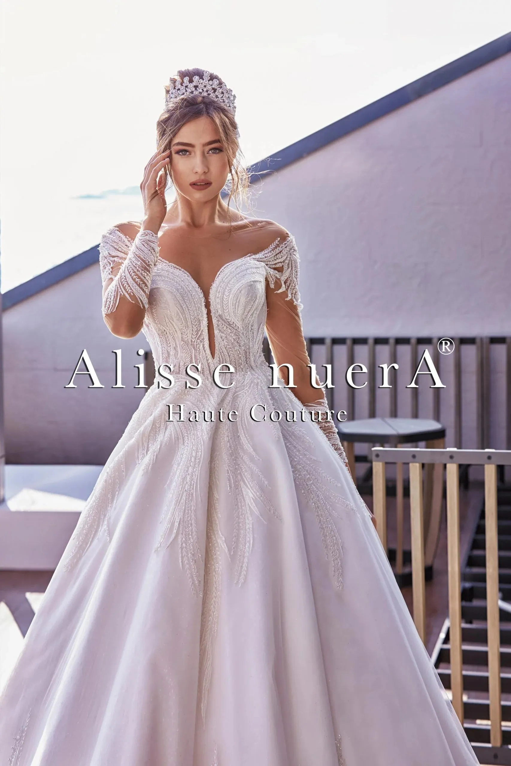 Illusion Sleeve Leaf Design Sparkly Wedding Ball Gown with Decollete Back