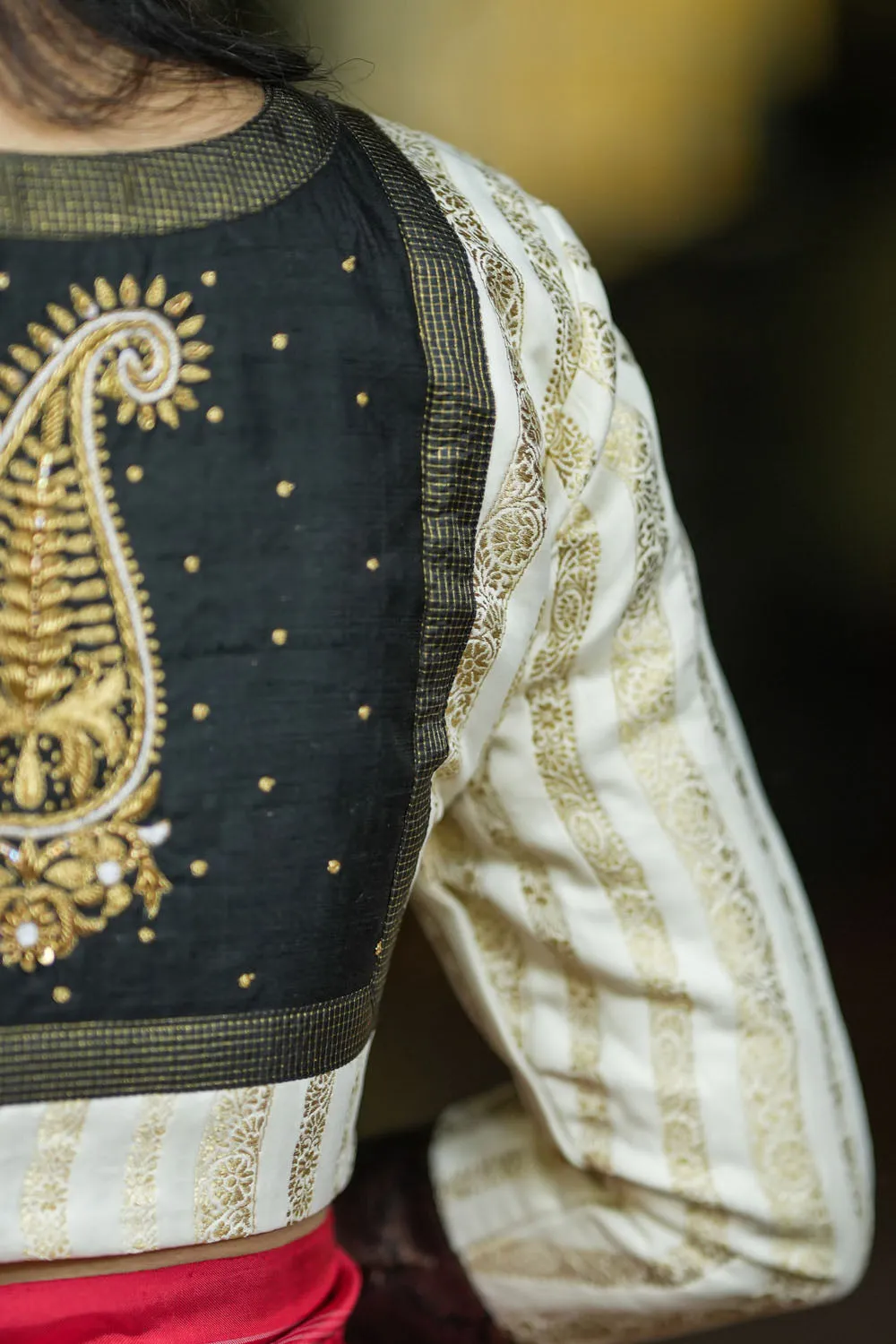 Ivory and Black Bandgala & Full sleeves blouse with Paisley Zardosi Hand embroidery, Made to Order