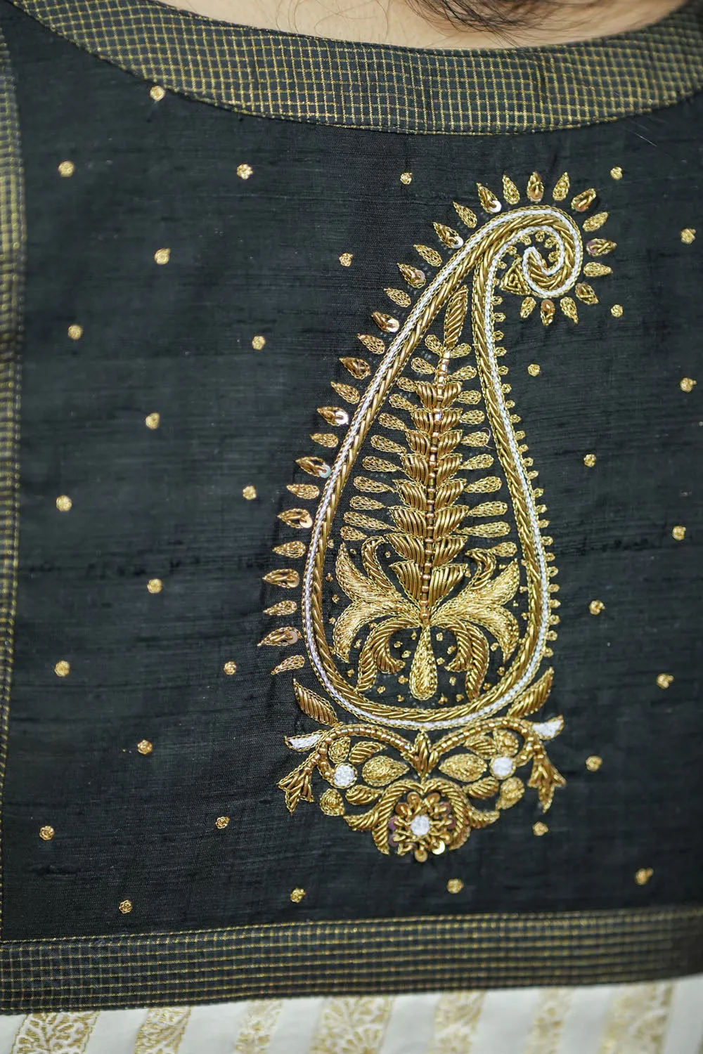 Ivory and Black Bandgala & Full sleeves blouse with Paisley Zardosi Hand embroidery, Made to Order