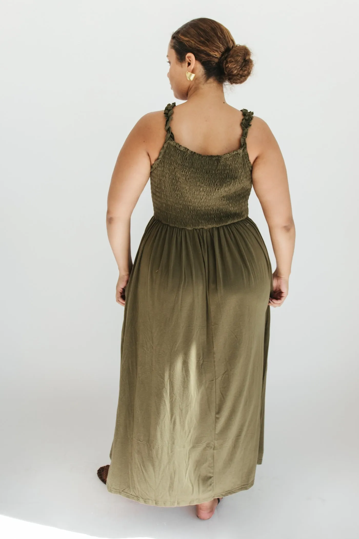 Janice Smocked Maxi Dress - Olive - Extended Sizes