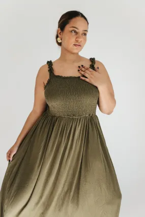 Janice Smocked Maxi Dress - Olive - Extended Sizes