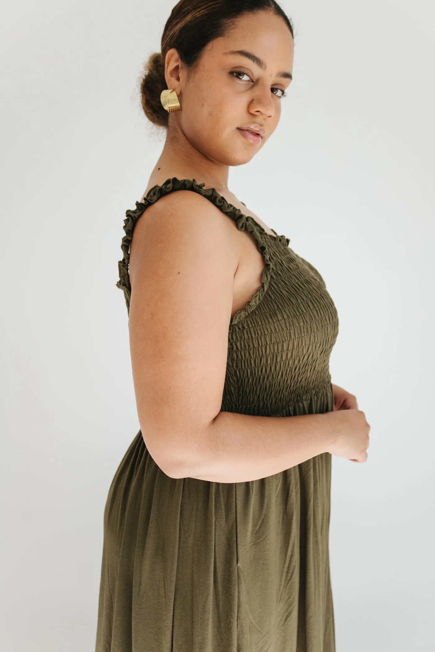 Janice Smocked Maxi Dress - Olive - Extended Sizes