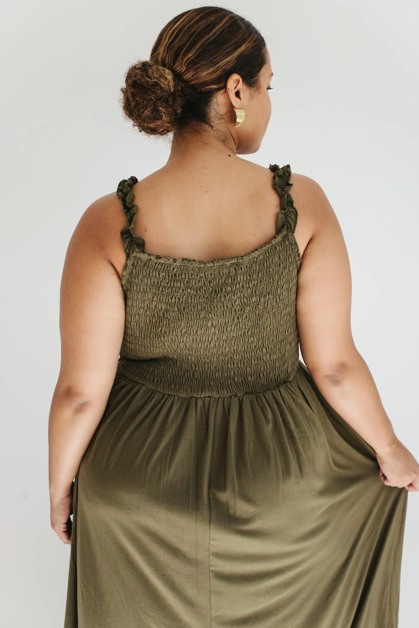 Janice Smocked Maxi Dress - Olive - Extended Sizes