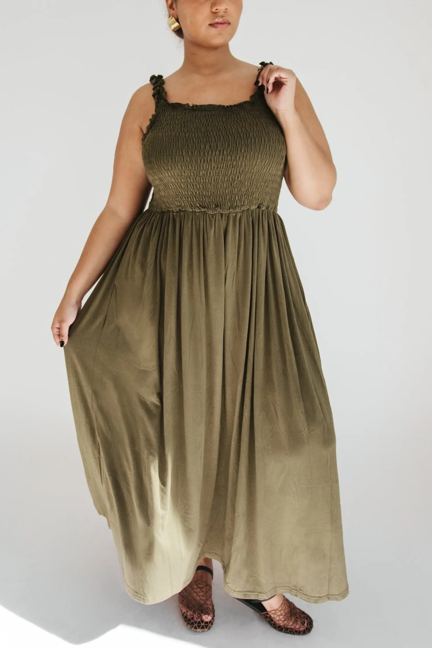 Janice Smocked Maxi Dress - Olive - Extended Sizes