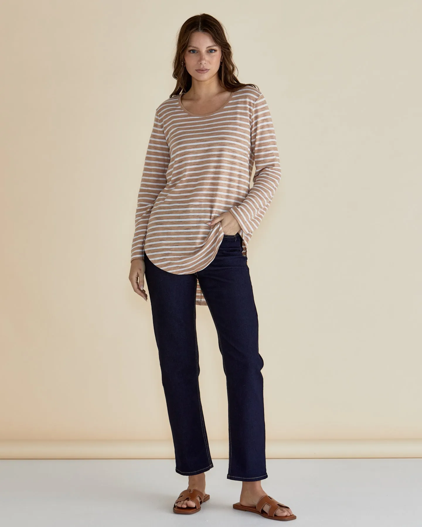 Megan Long Sleeve Top - Beige Stripe