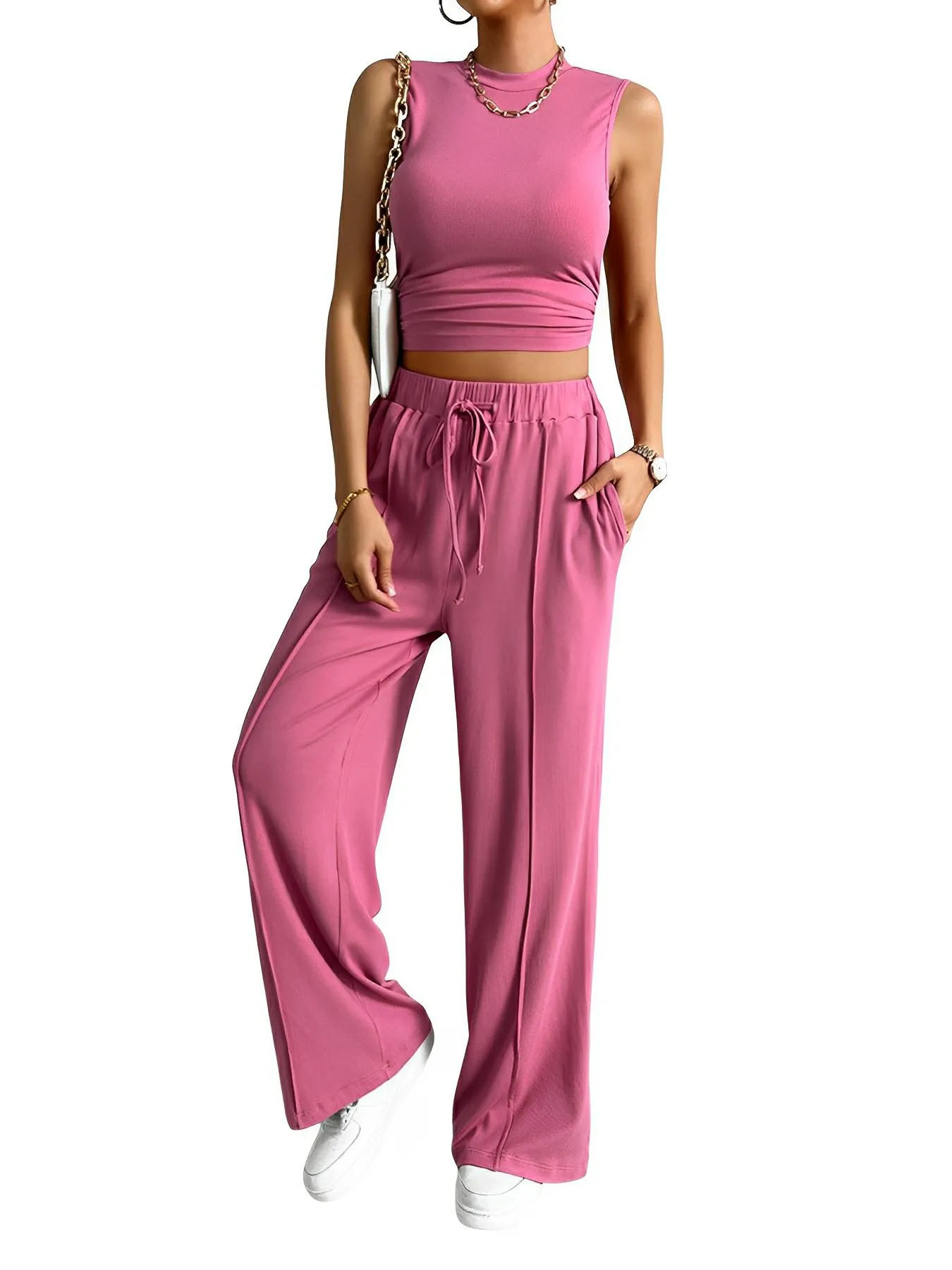 Mock Neck Sleeveless Top and Drawstring Pants Set
