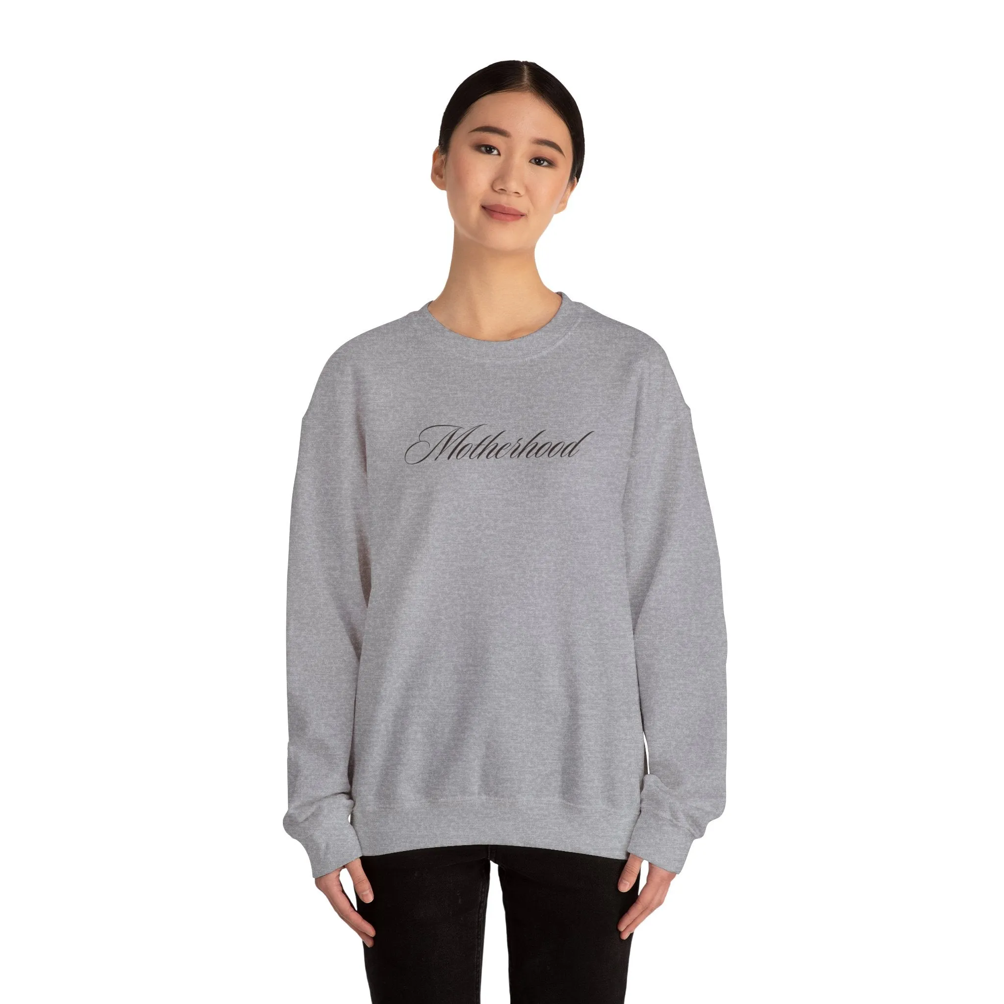 MOTHERHOOD Oversized Pullover Crewneck Sweatshirt, Gifts for Mom, Baby Shower Gifts, Light Black on Gray, Mother's Day Gift