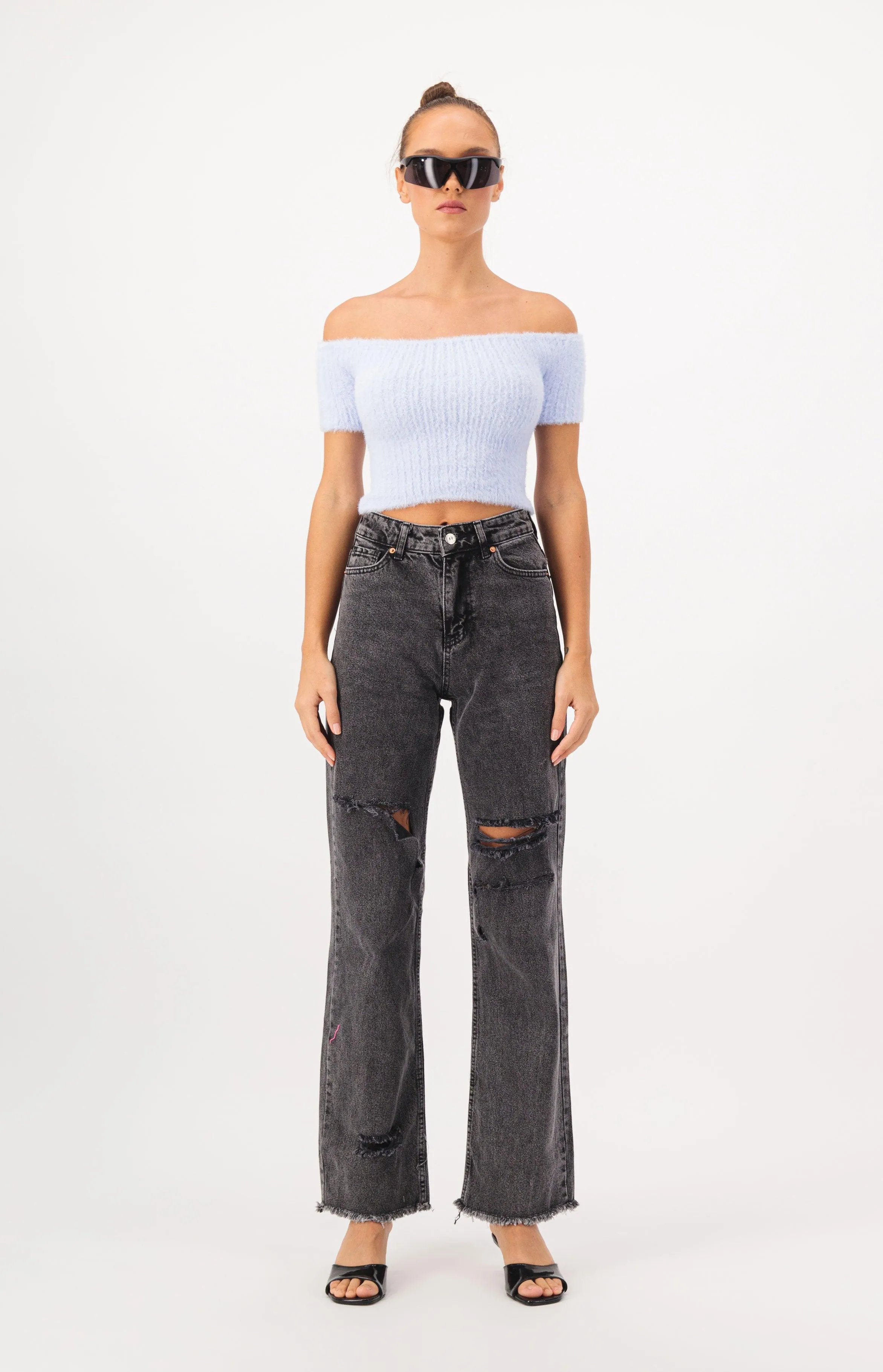 Off Shoulder Crop Fur Knit Top