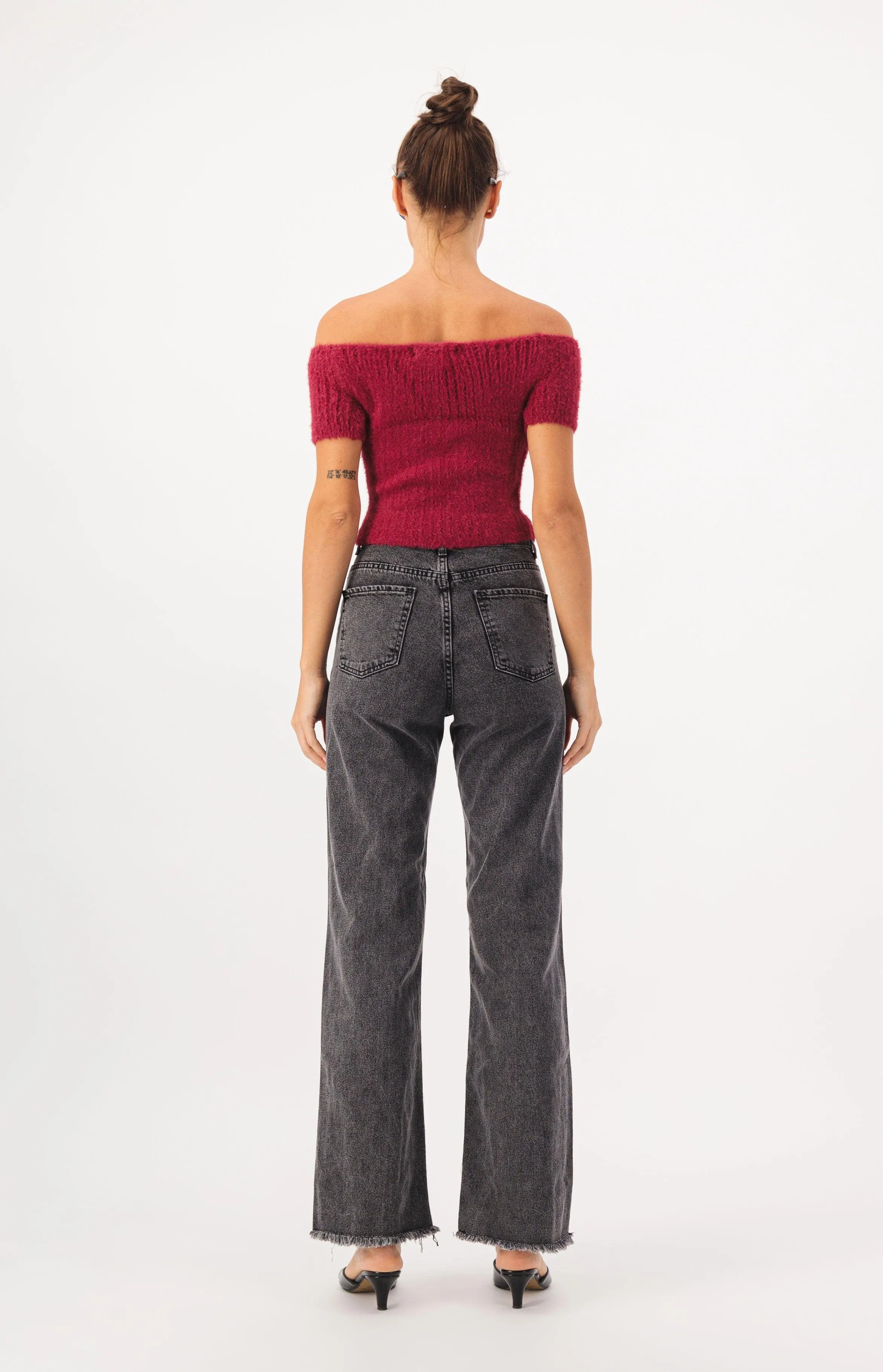 Off Shoulder Crop Fur Knit Top