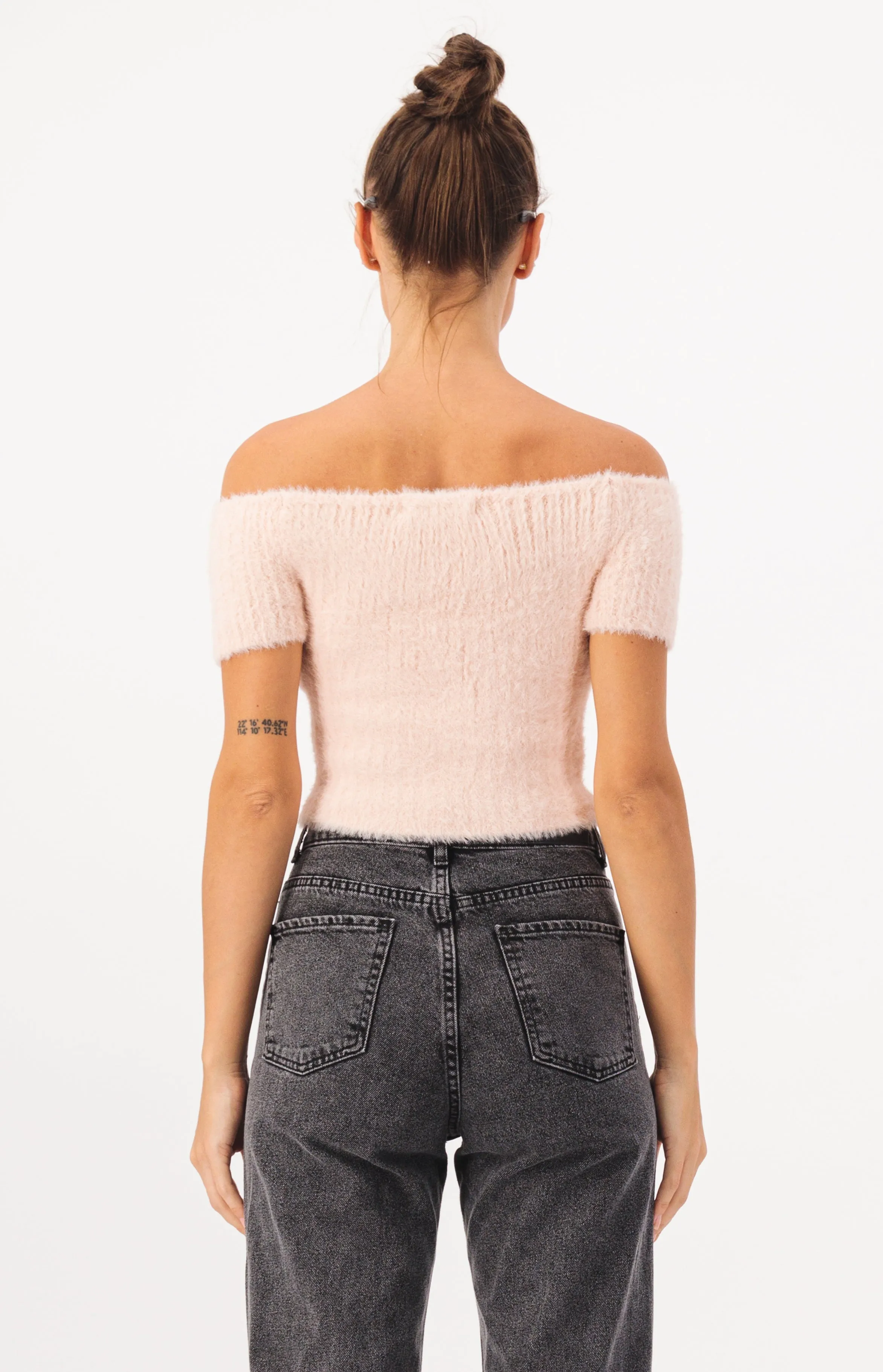 Off Shoulder Crop Fur Knit Top