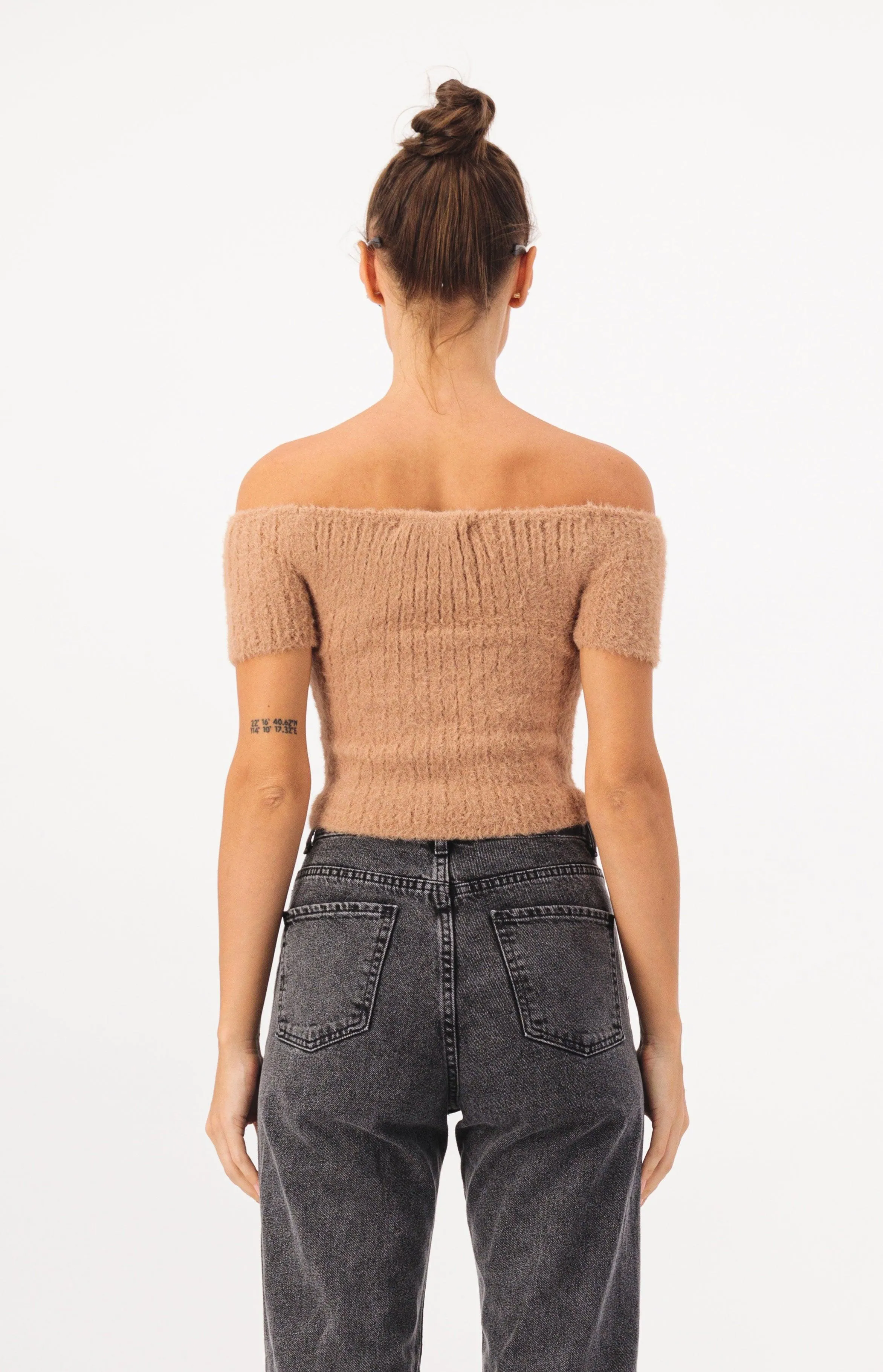 Off Shoulder Crop Fur Knit Top