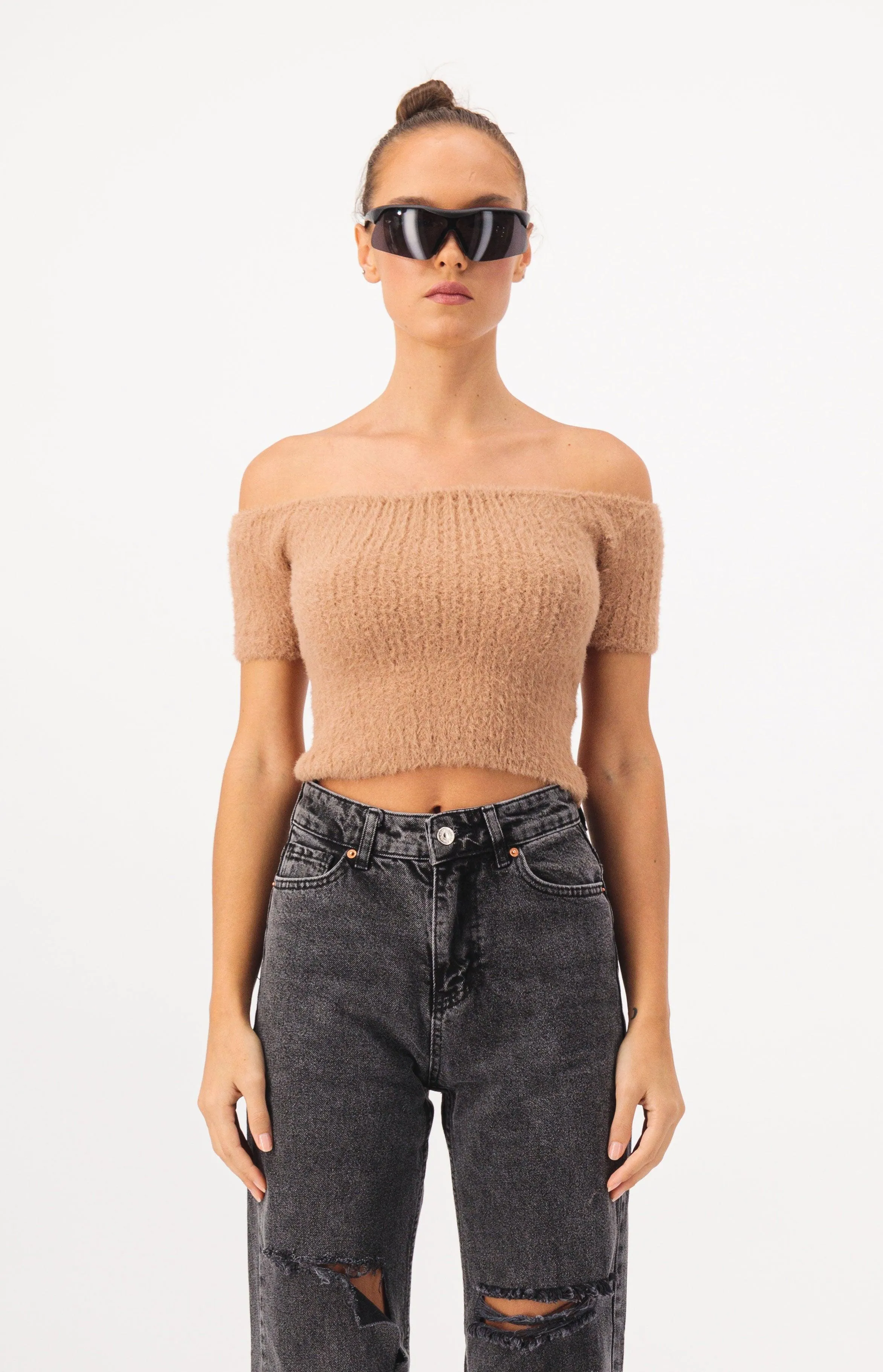 Off Shoulder Crop Fur Knit Top