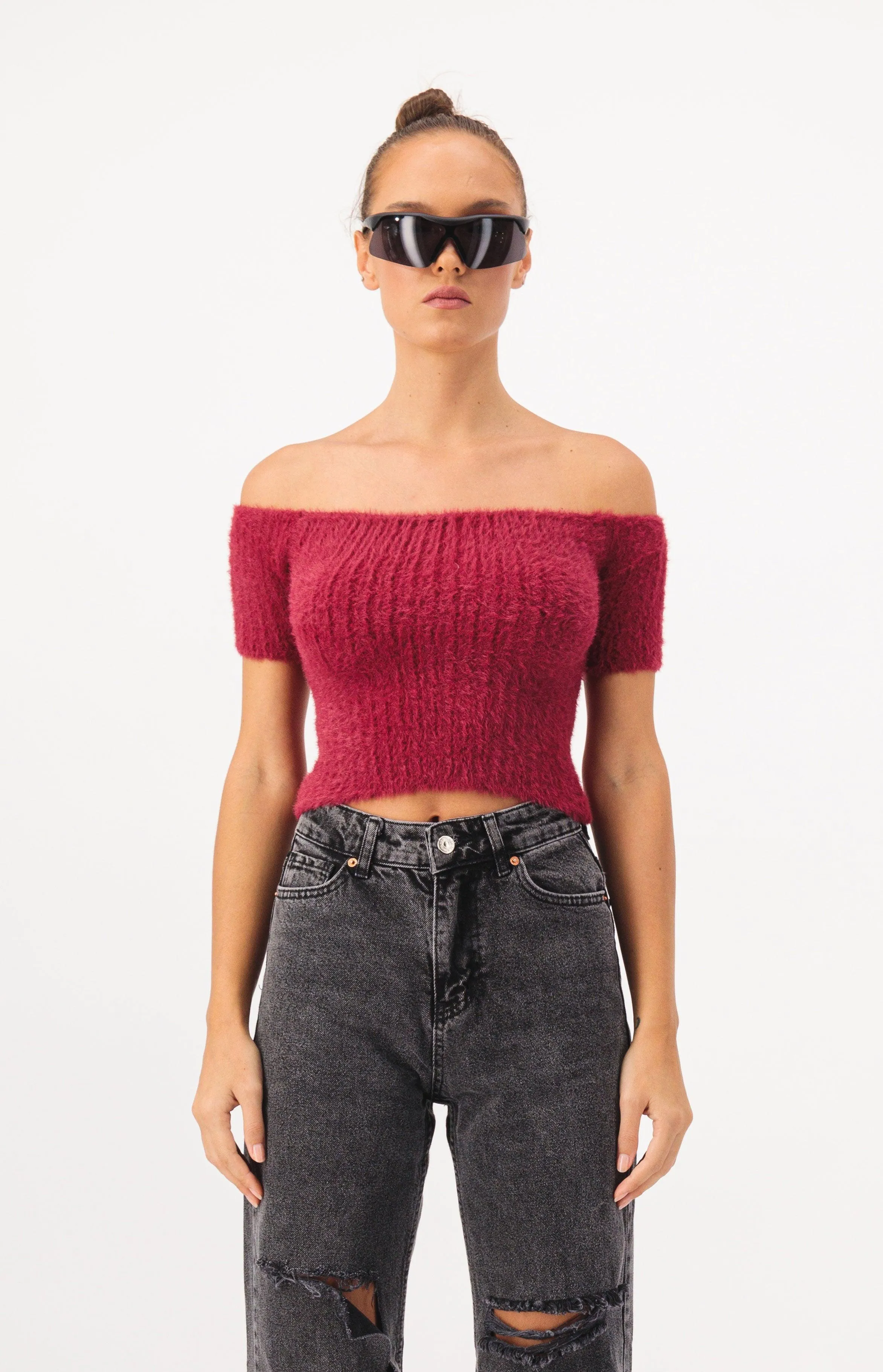 Off Shoulder Crop Fur Knit Top