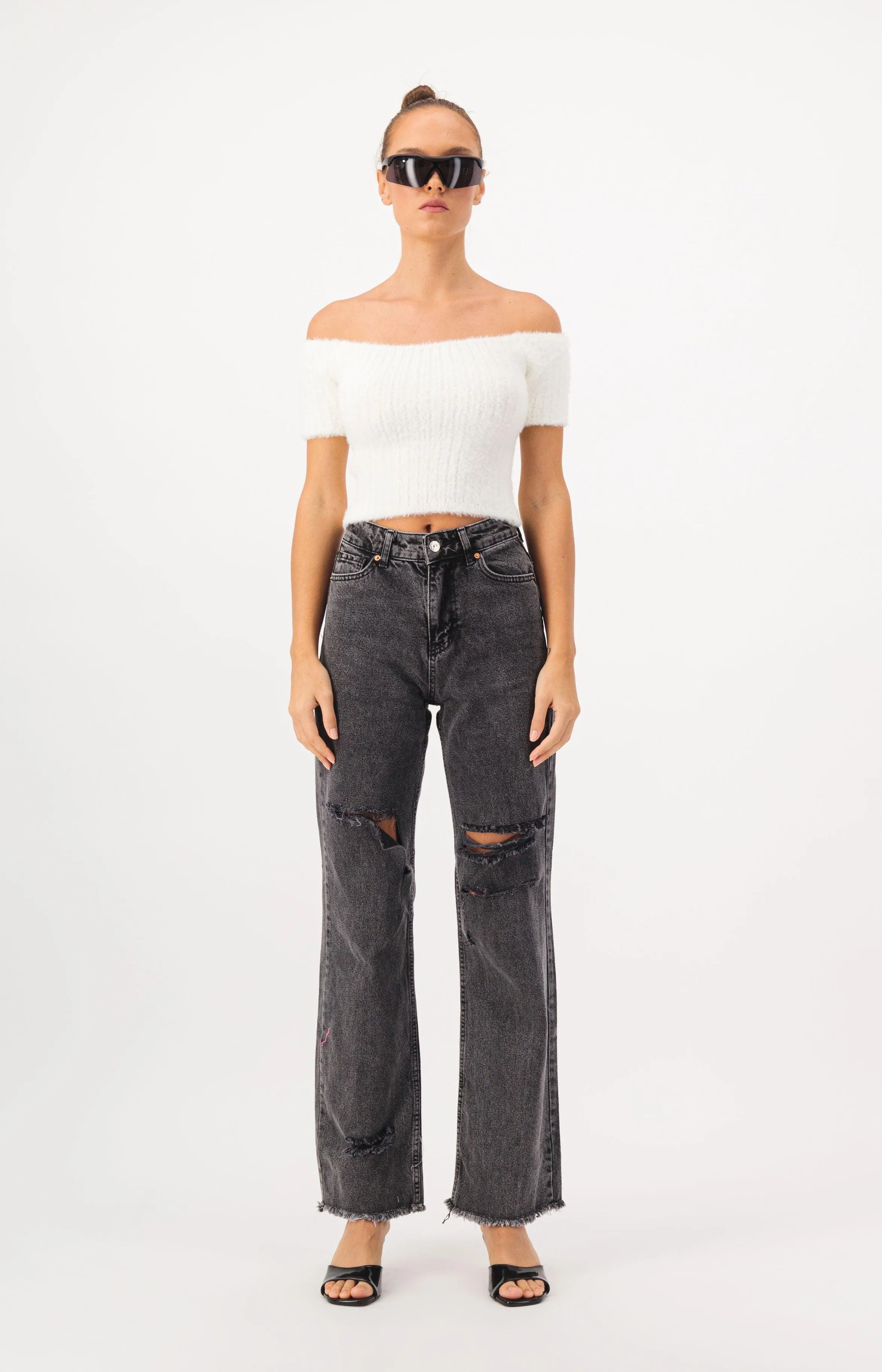 Off Shoulder Crop Fur Knit Top
