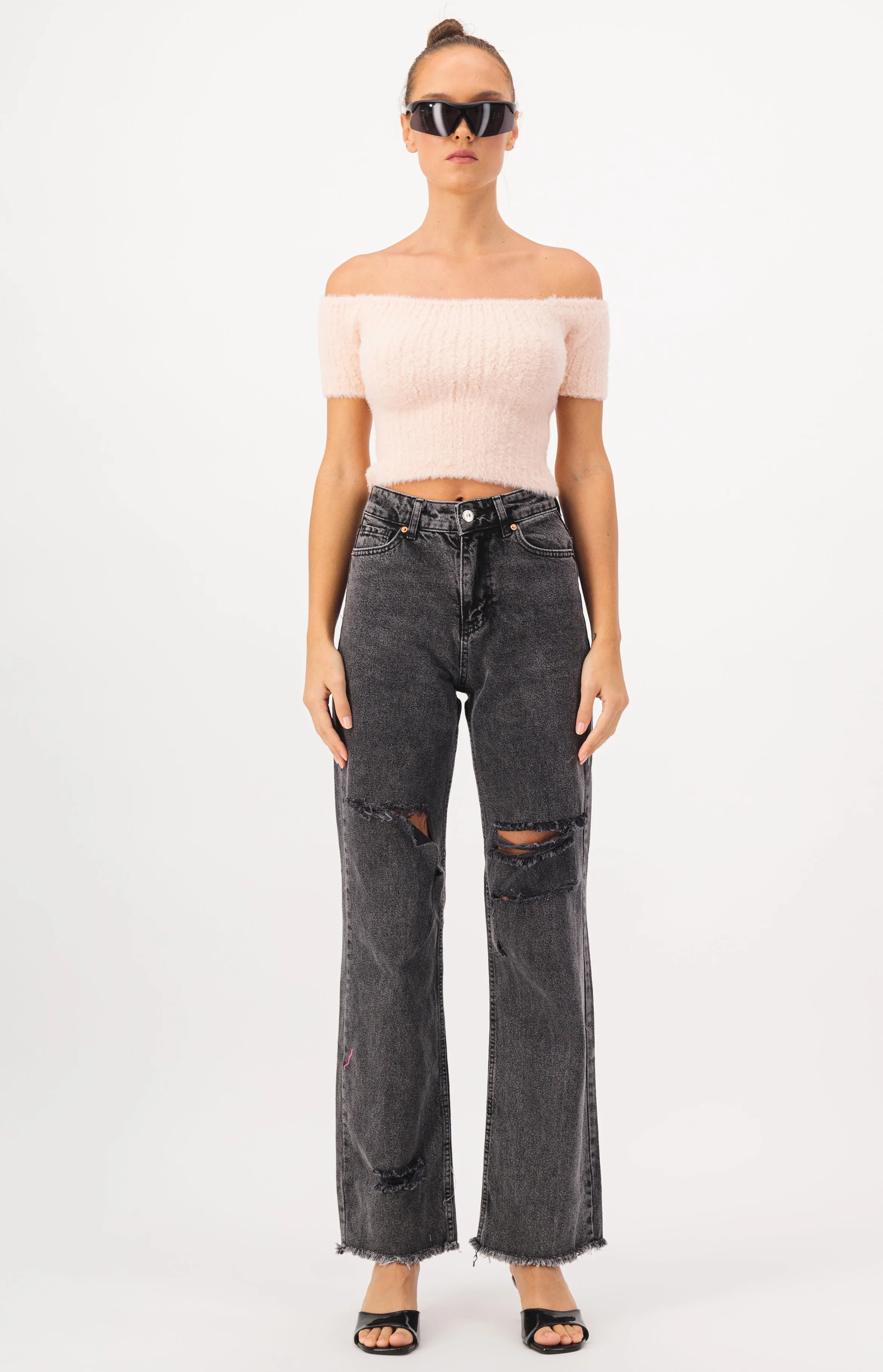 Off Shoulder Crop Fur Knit Top
