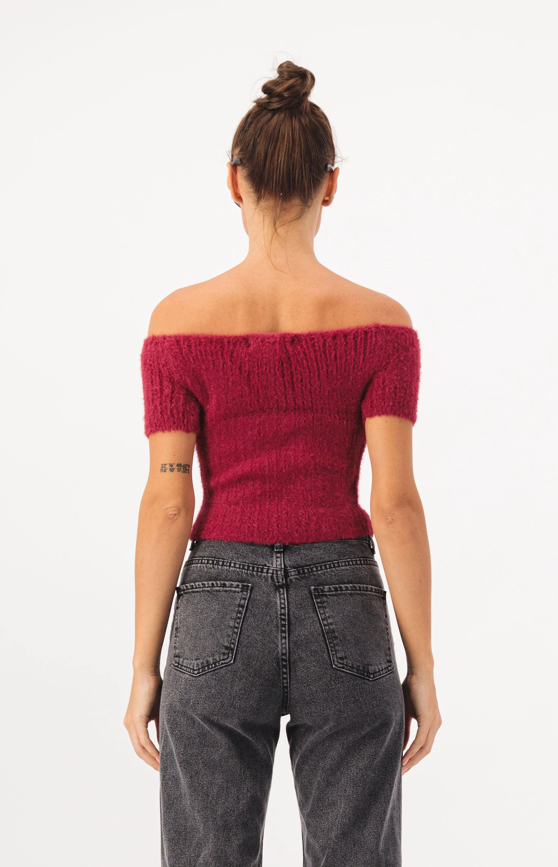 Off Shoulder Crop Fur Knit Top